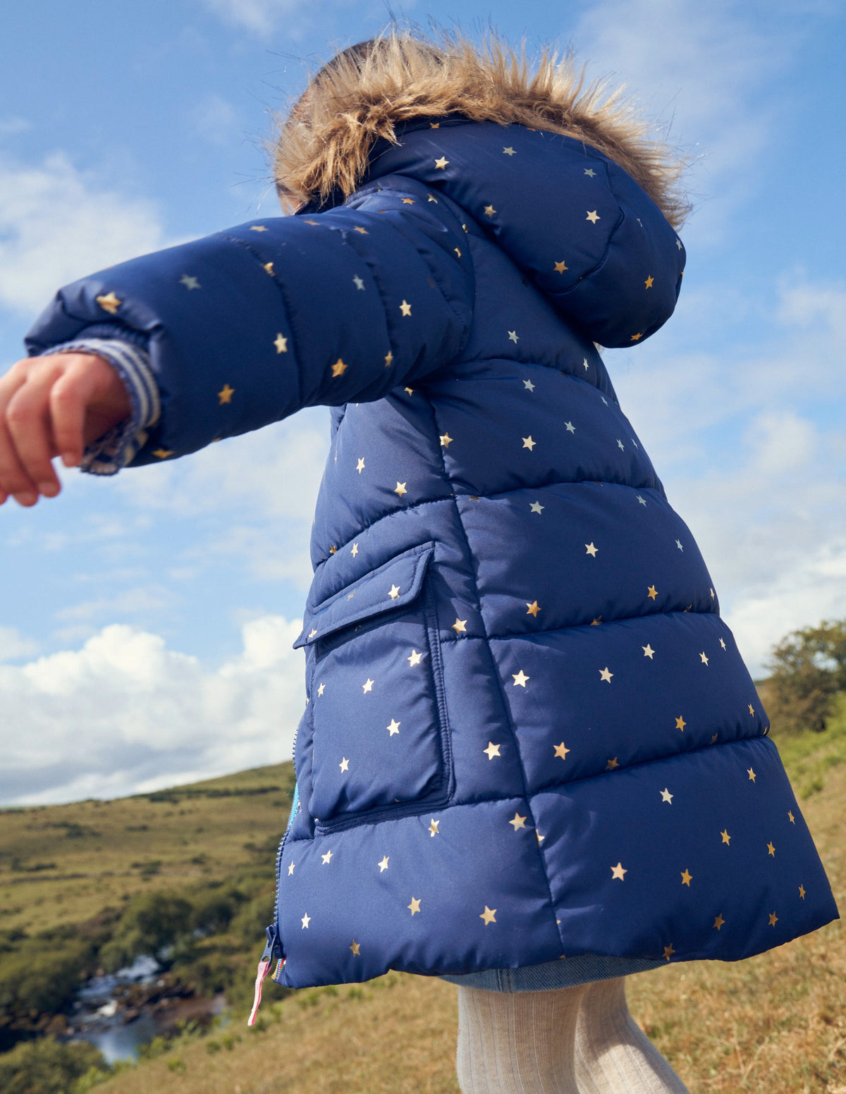 Longline Padded Coat-Navy Foil Stars-6
