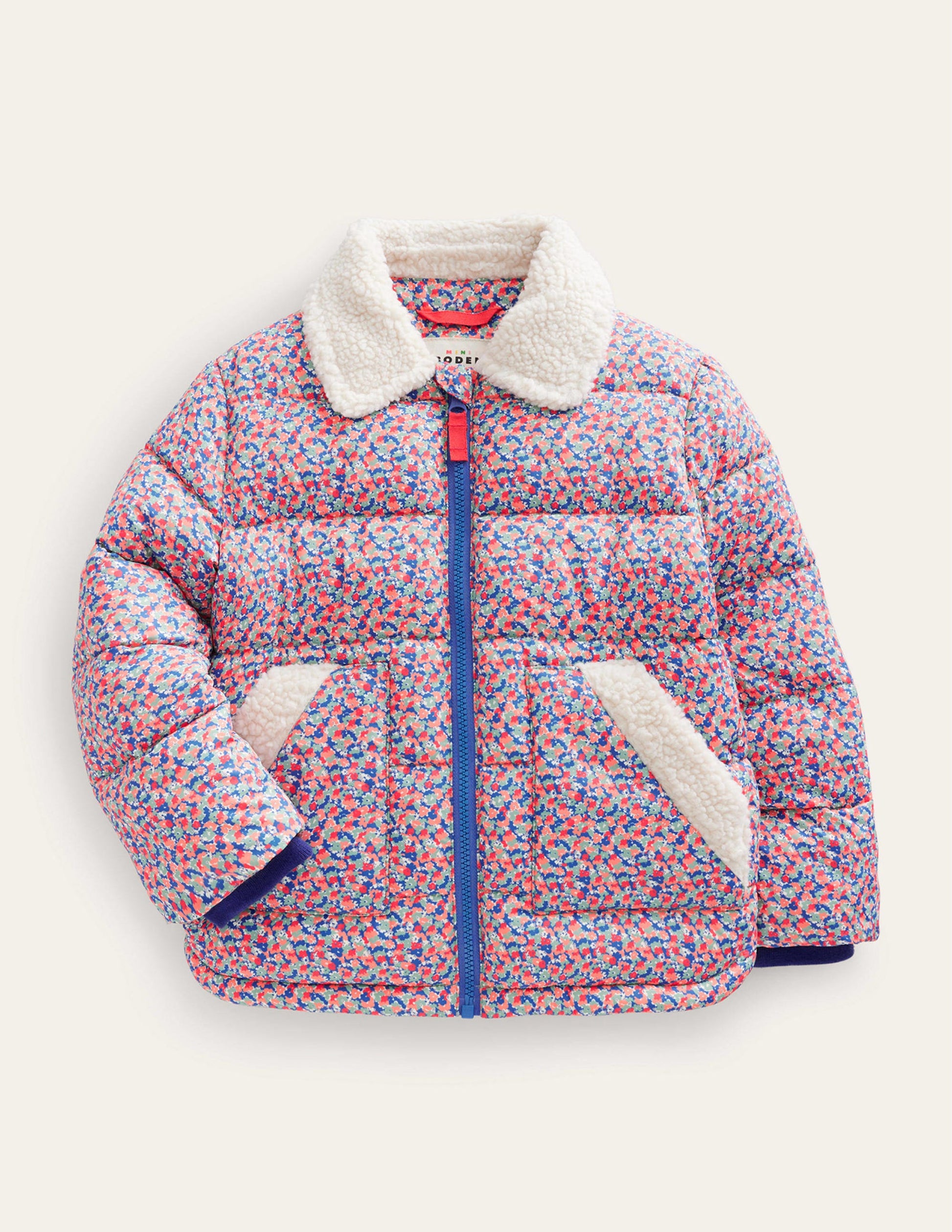 Borg Detail Padded Jacket-Jam Red Micro Floral-1