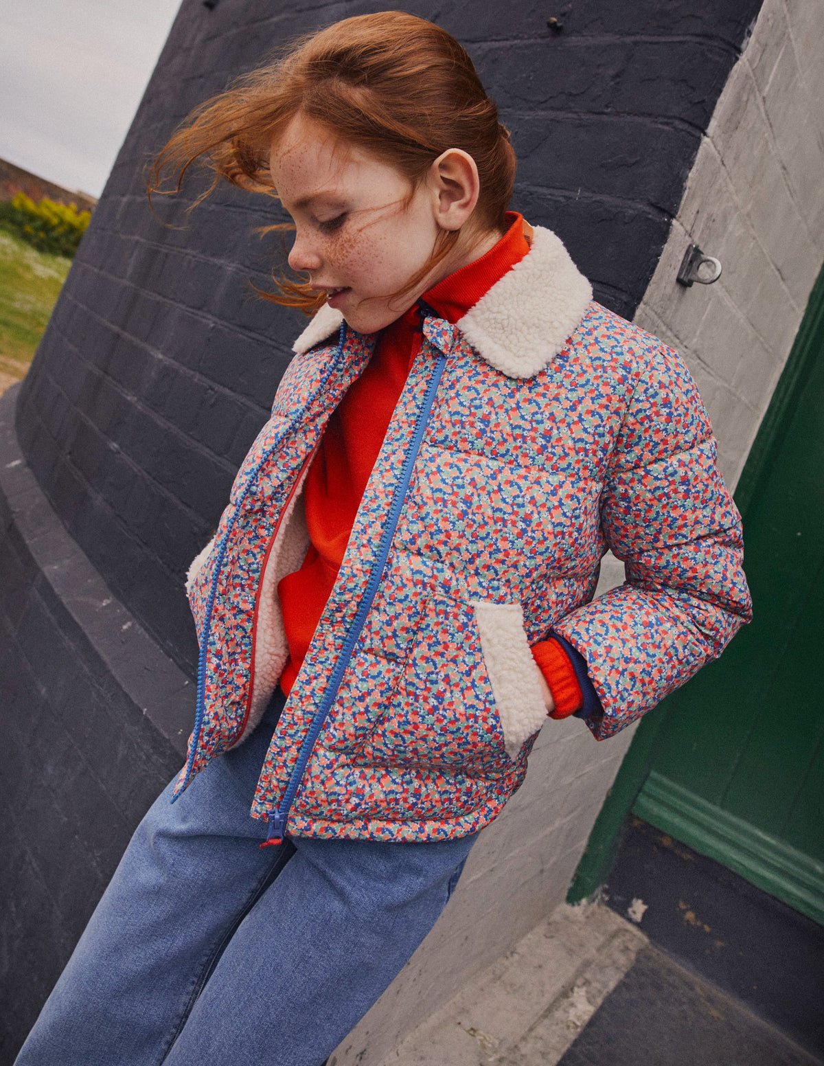 Borg Detail Padded Jacket-Jam Red Micro Floral-5