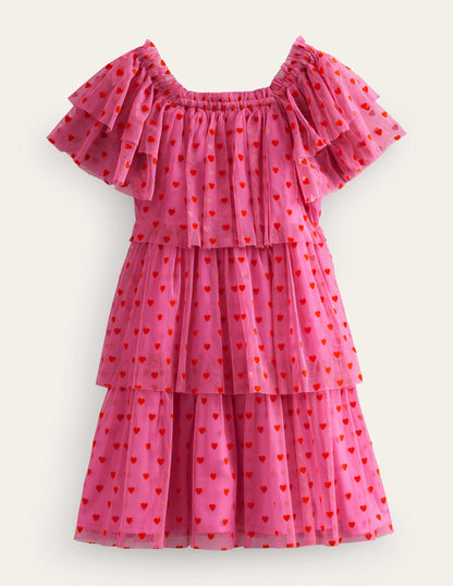 Tiered Tulle Dress-Strawberry Pink Hearts