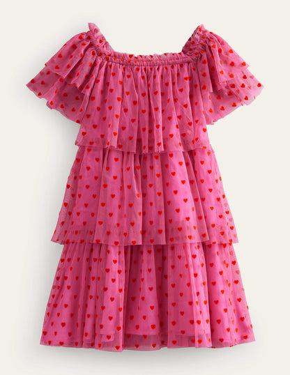 Tiered Tulle Dress-Strawberry Pink Hearts