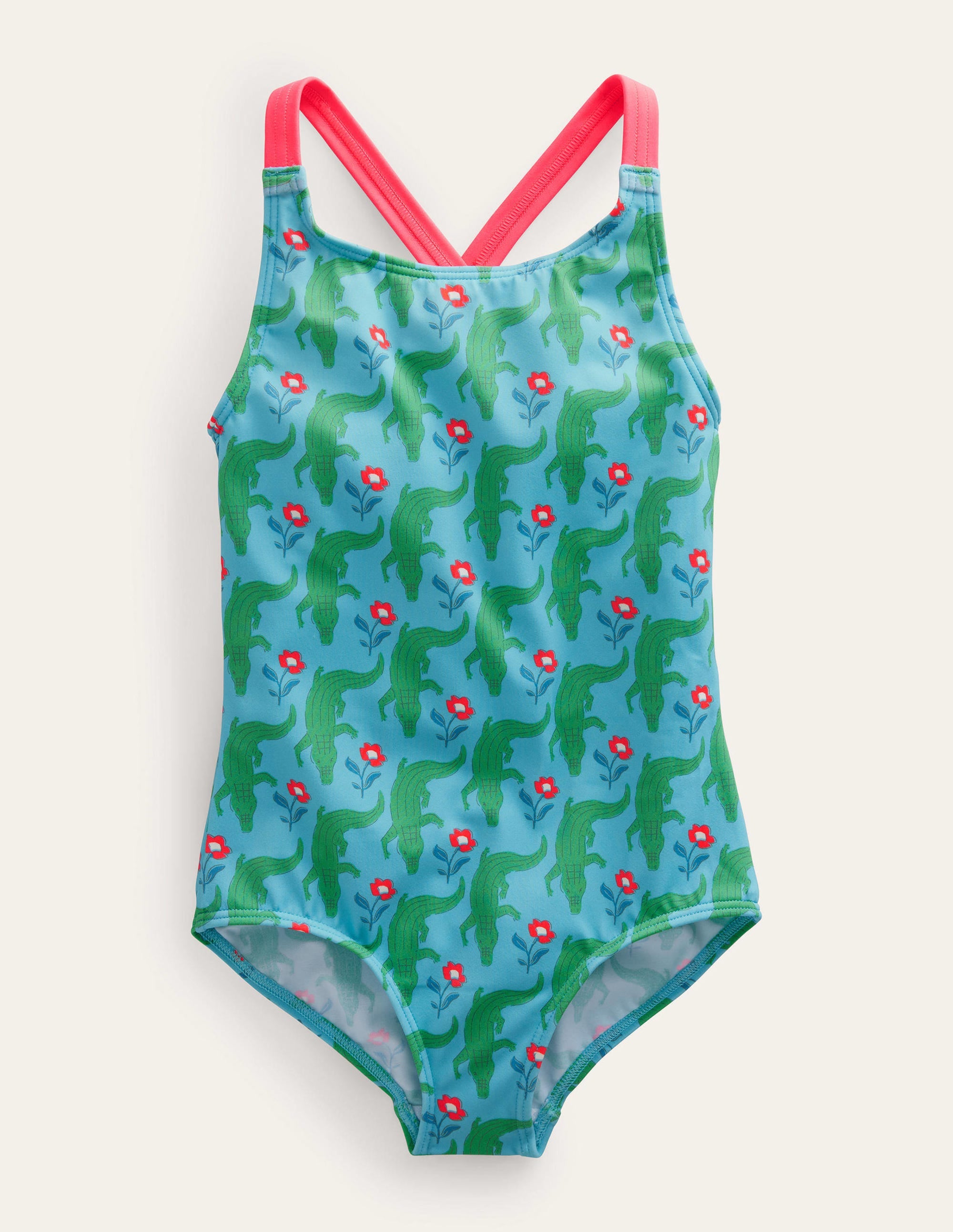 Cross-back Printed Swimsuit-Aqua Crocodile Woodblock - Image 1