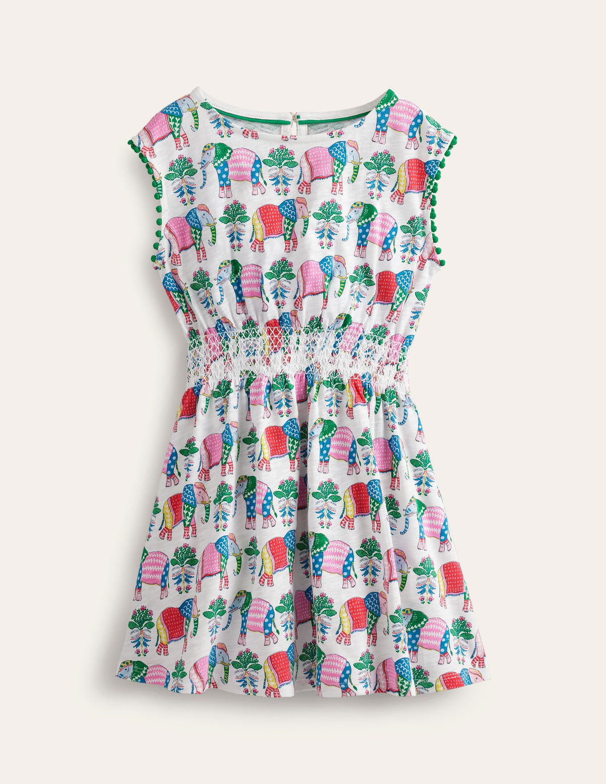 Vacation Printed Cotton Dress-Vanilla Pod Elephant Woodblock-1