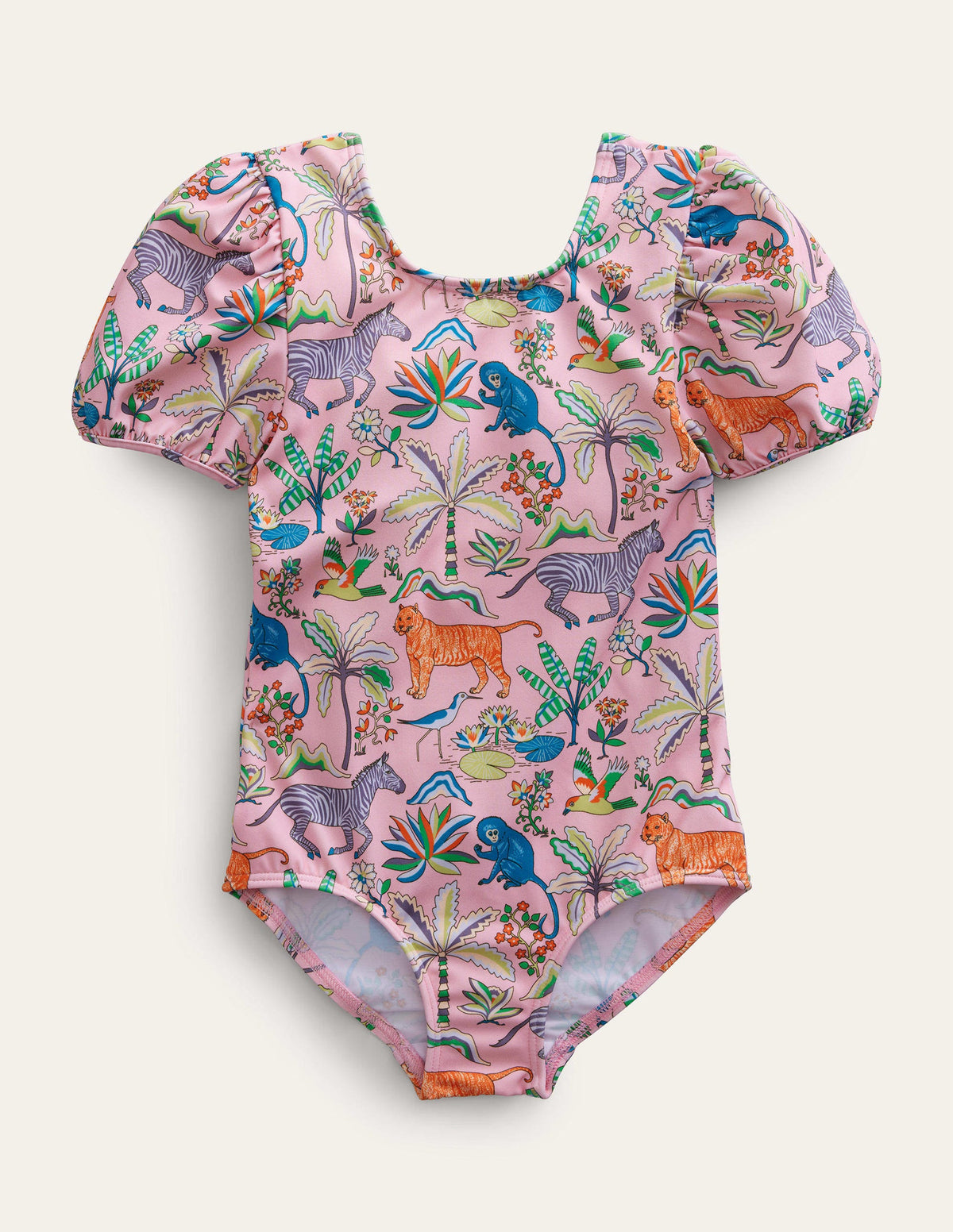 Printed Puff-sleeved Swimsuit-Cameo Pink Tropical Garden - Image 1