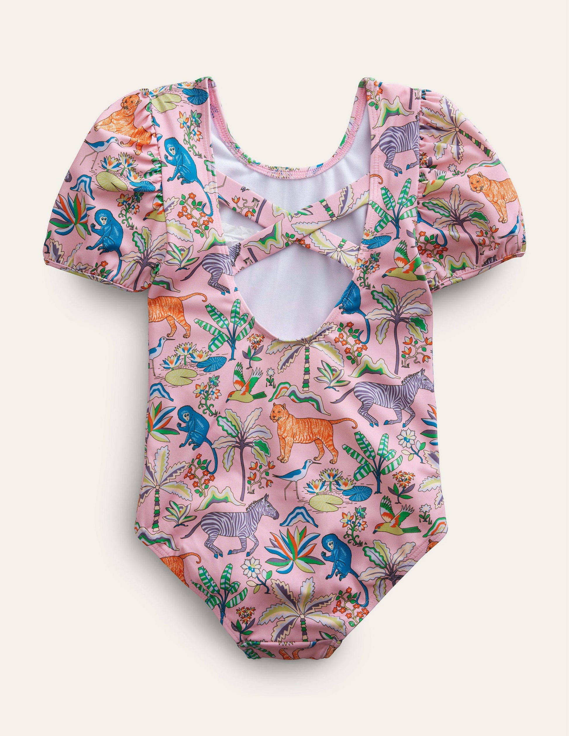 Printed Puff-sleeved Swimsuit-Cameo Pink Tropical Garden-2