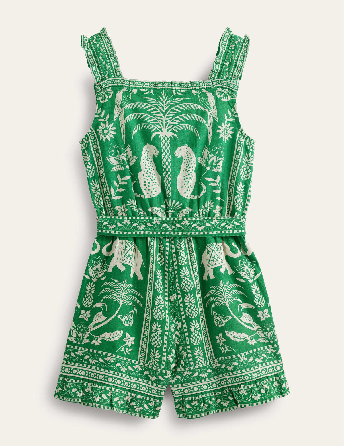 Linen-Cotton Ruffle Romper-Rich Emerald Goa-2