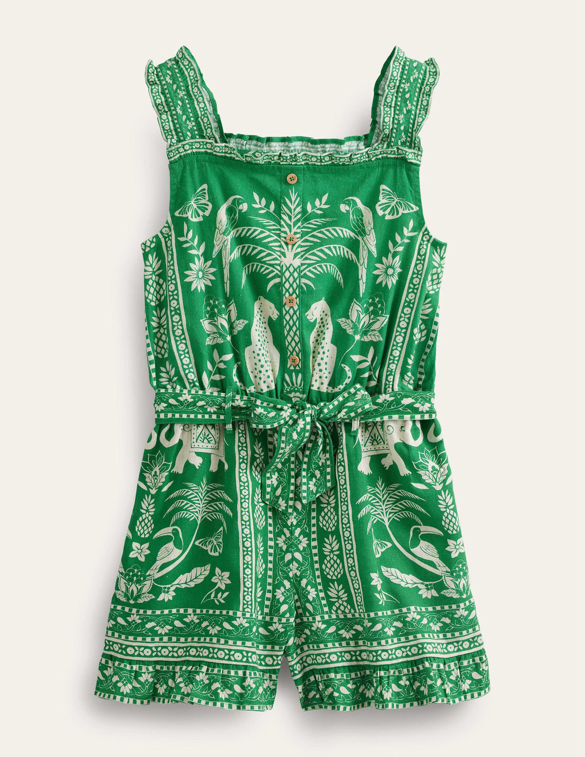 Linen-Cotton Ruffle Romper-Rich Emerald Goa-1