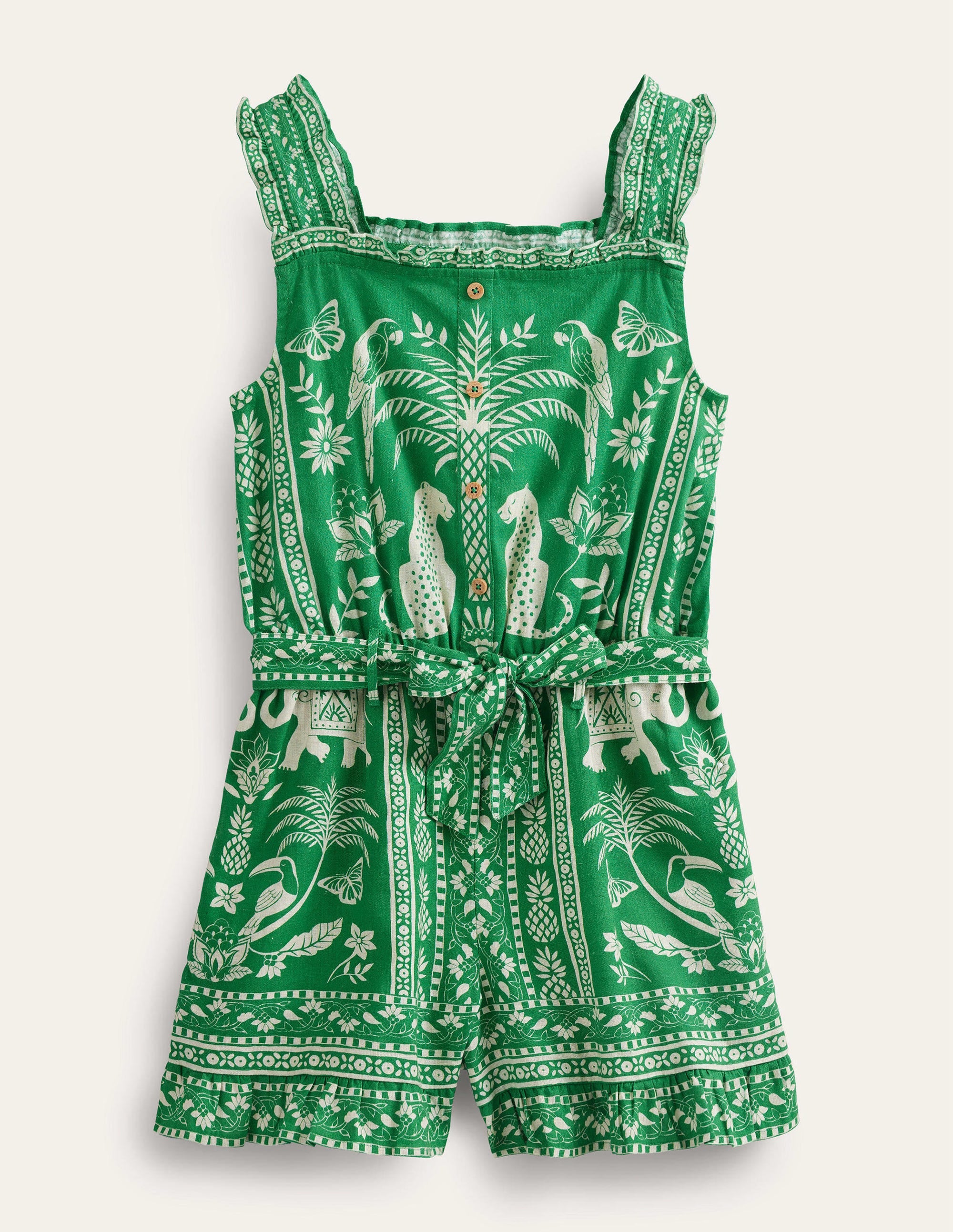 Linen-Cotton Ruffle Romper-Rich Emerald Goa - Image 1