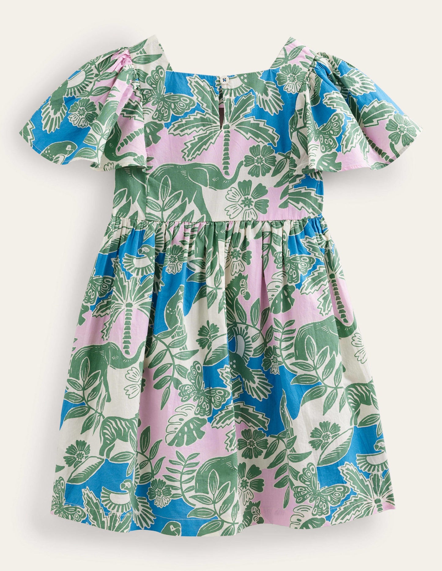 Flutter-Sleeve Printed Dress-Rosemary Woodblock Jungle