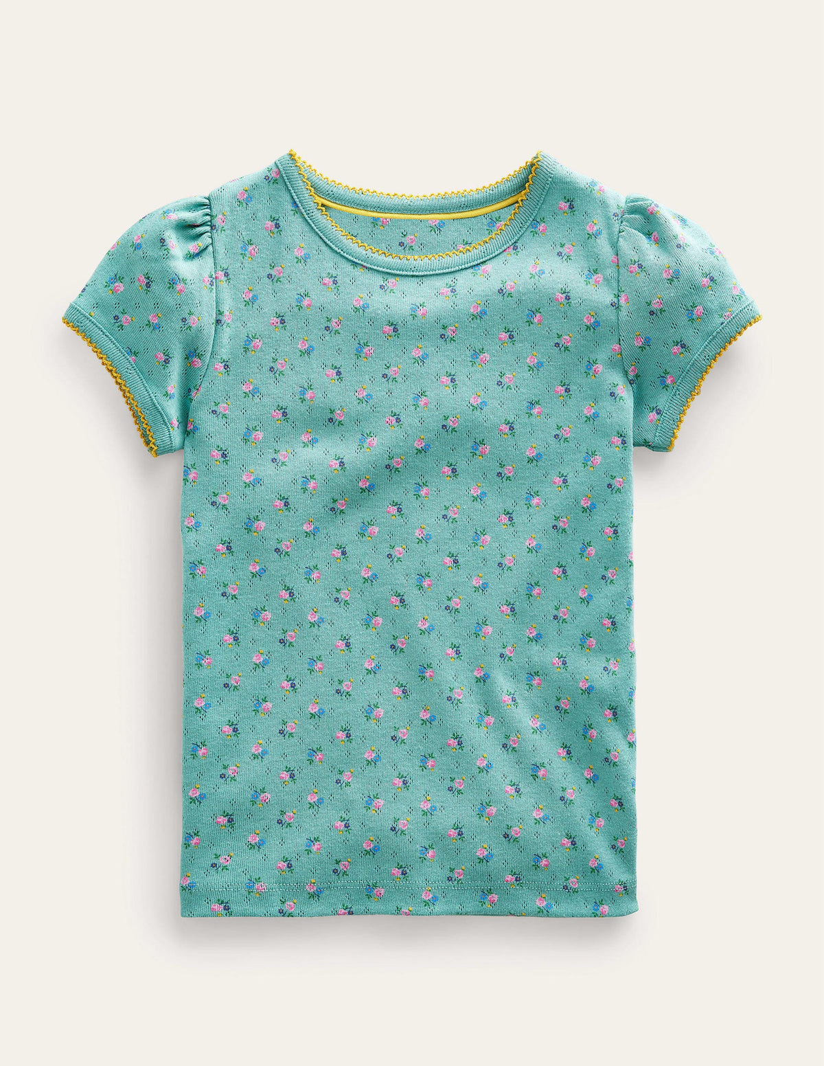 Short-Sleeved Pointelle Top-Hot Spring Blue Floral-1