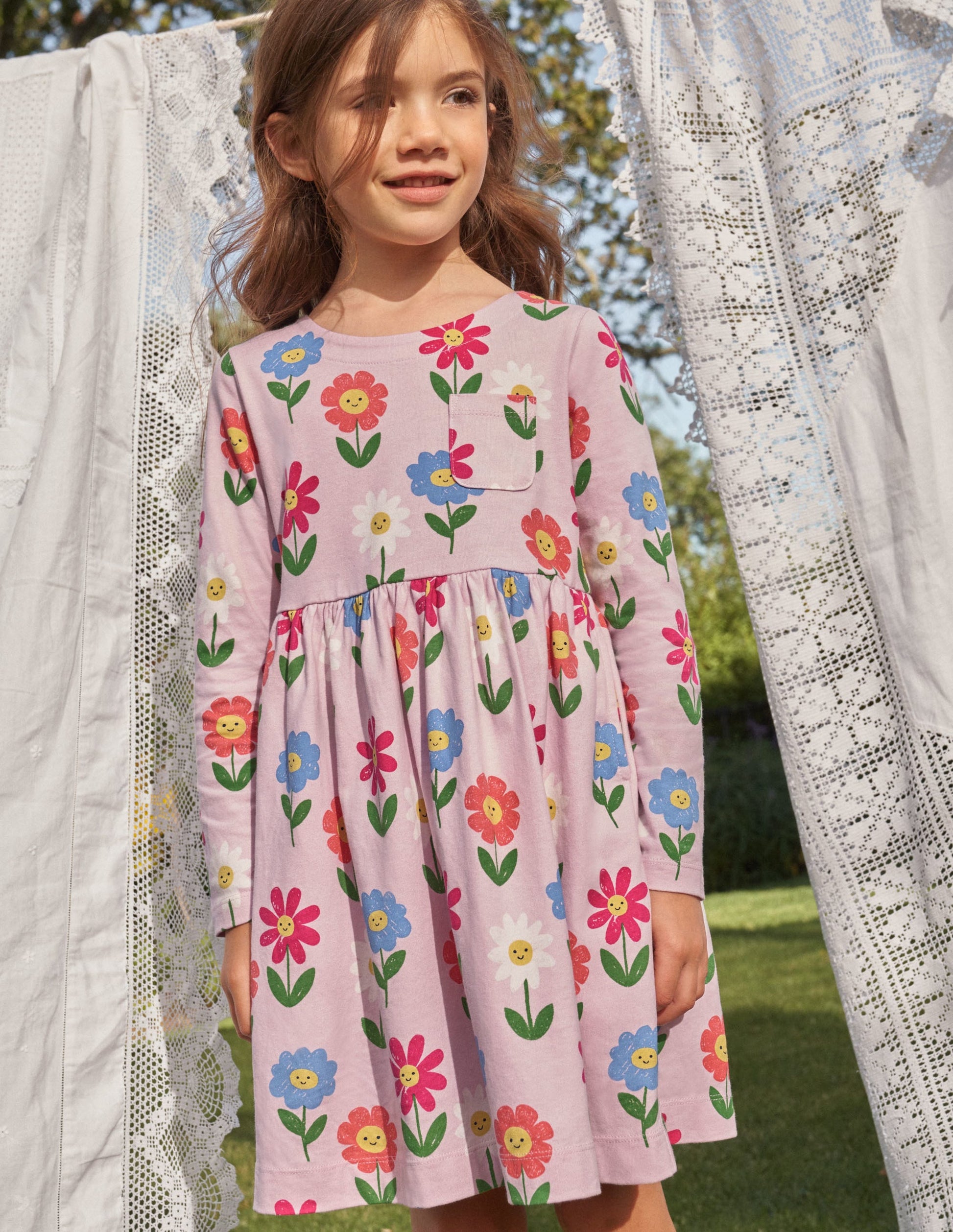 Long Sleeve Fun Jersey Dress-Winsome Pink Flowers-4