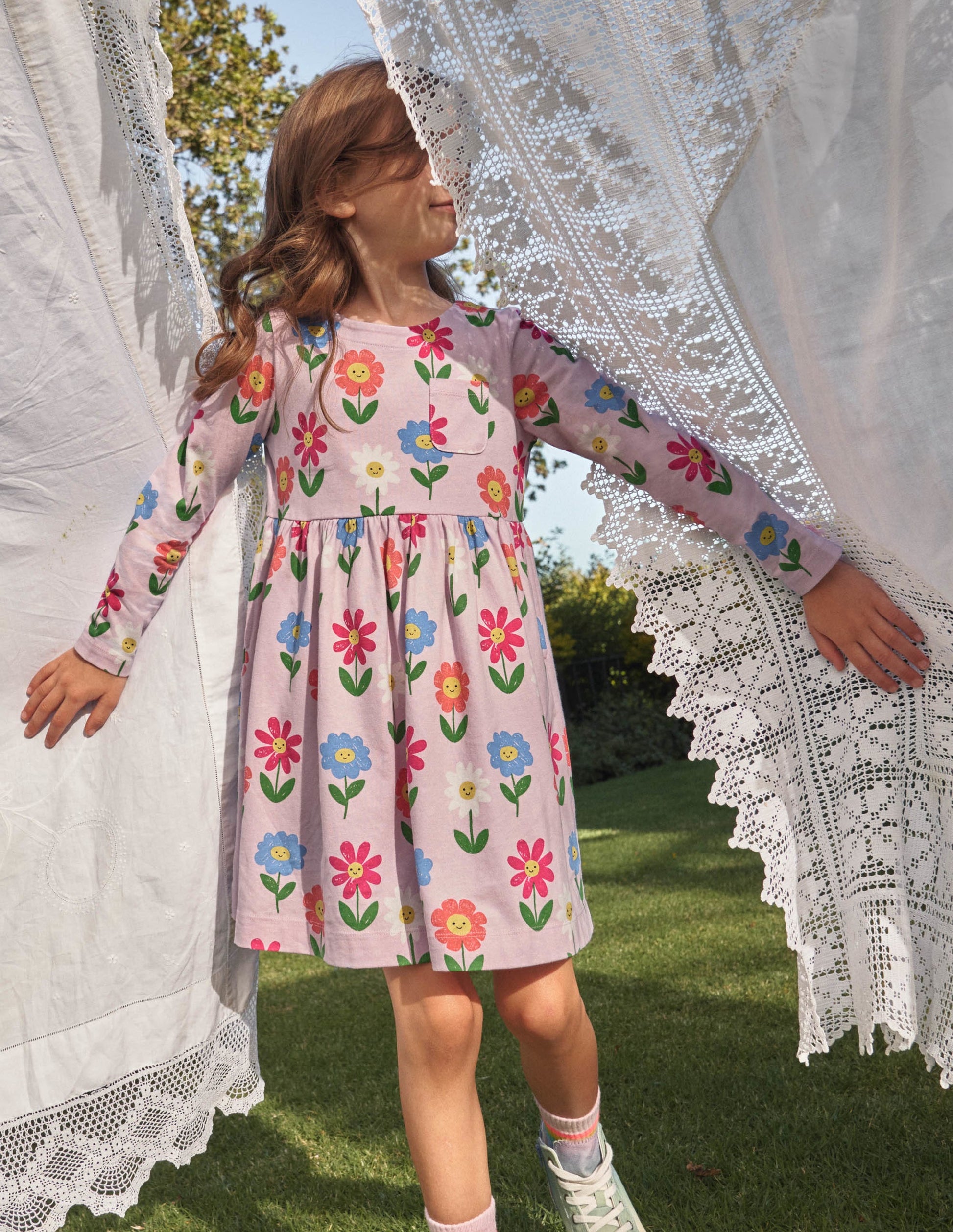 Long Sleeve Fun Jersey Dress-Winsome Pink Flowers-6