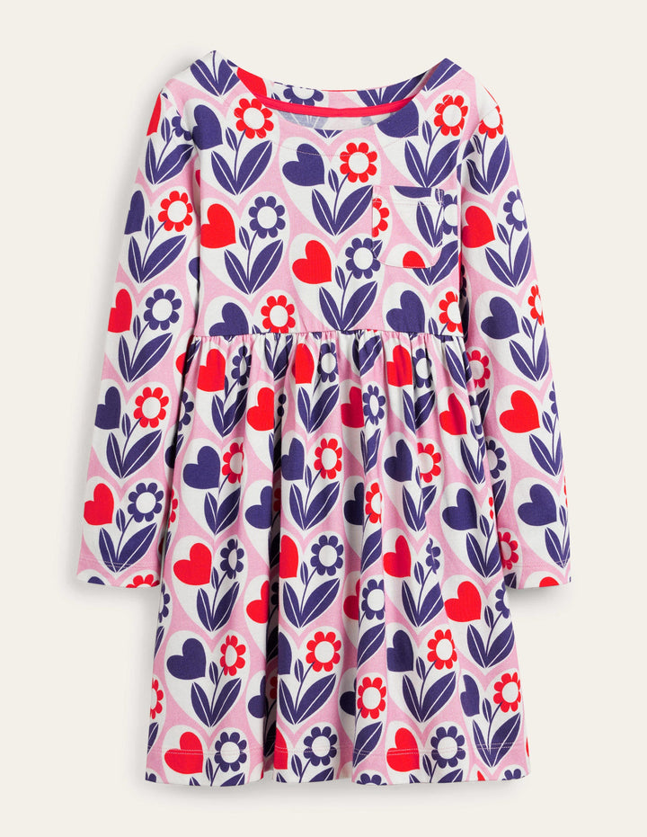 Long Sleeve Fun Jersey Dress-Pink Lemonade Flower Hearts