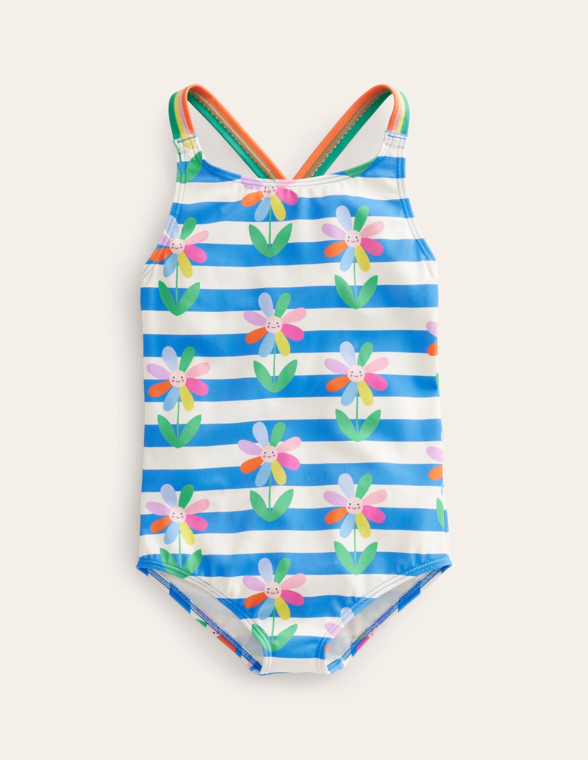 Cross-back Printed Swimsuit-Cabana Blue Daisy Stripe-1