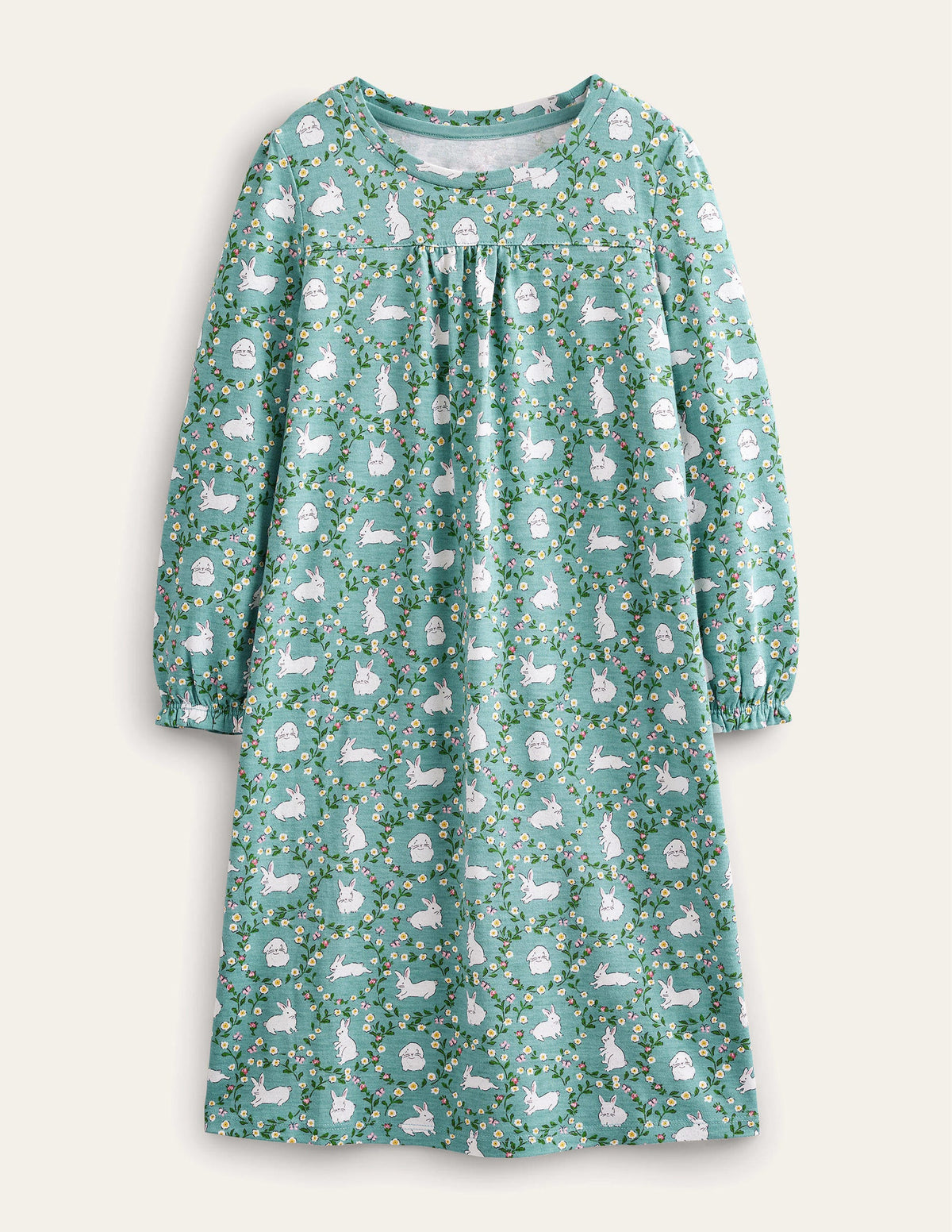 Printed Long-sleeved Nightie-Hot Spring Blue Bunnies-1