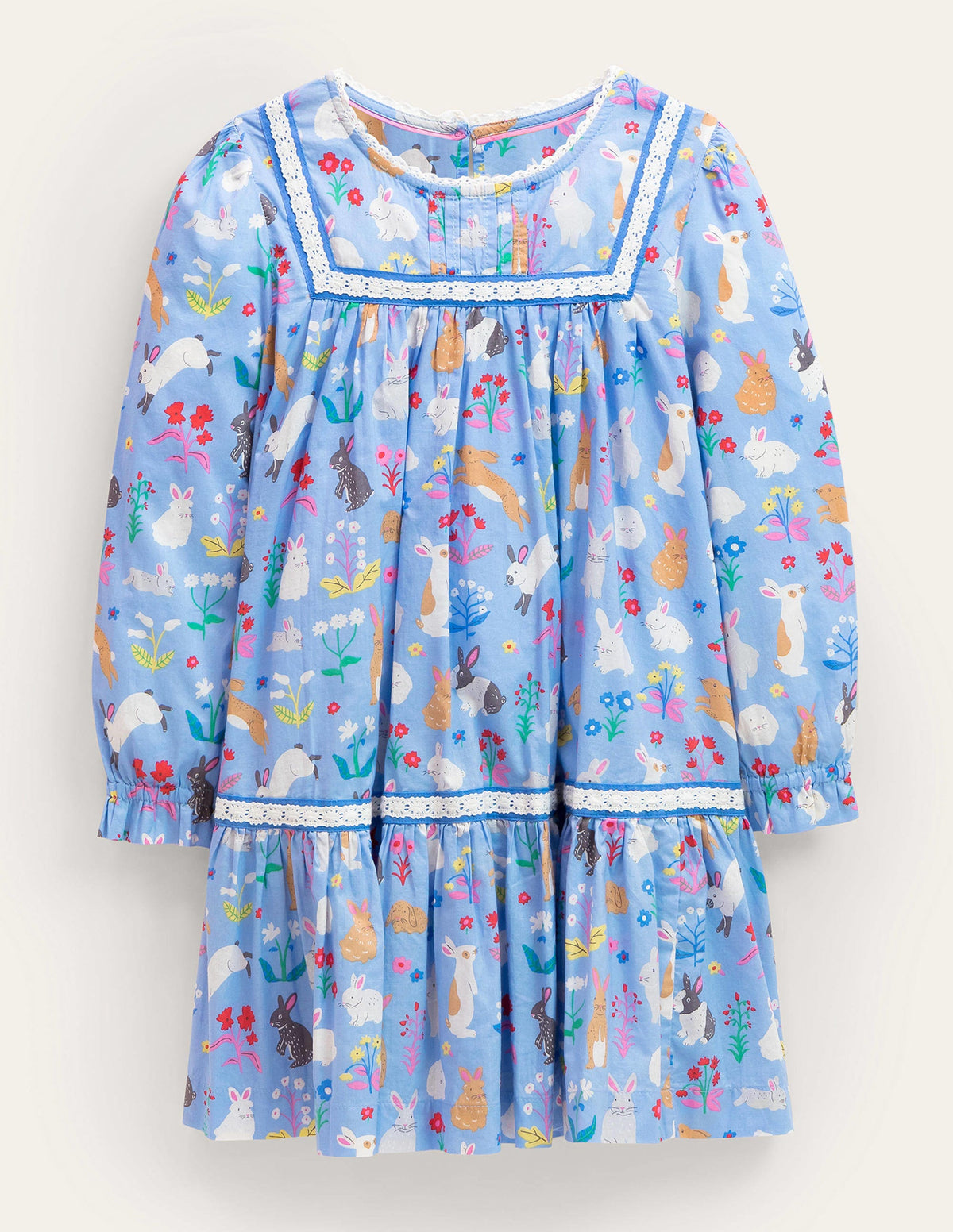 Lace Trim Woven Dress-Blue Bunnies-1