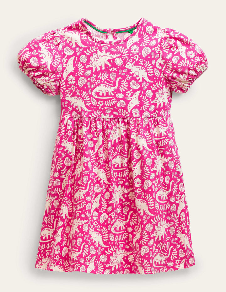 Puff Sleeve Jersey Dress-Tickled Pink Dinosaur Toile