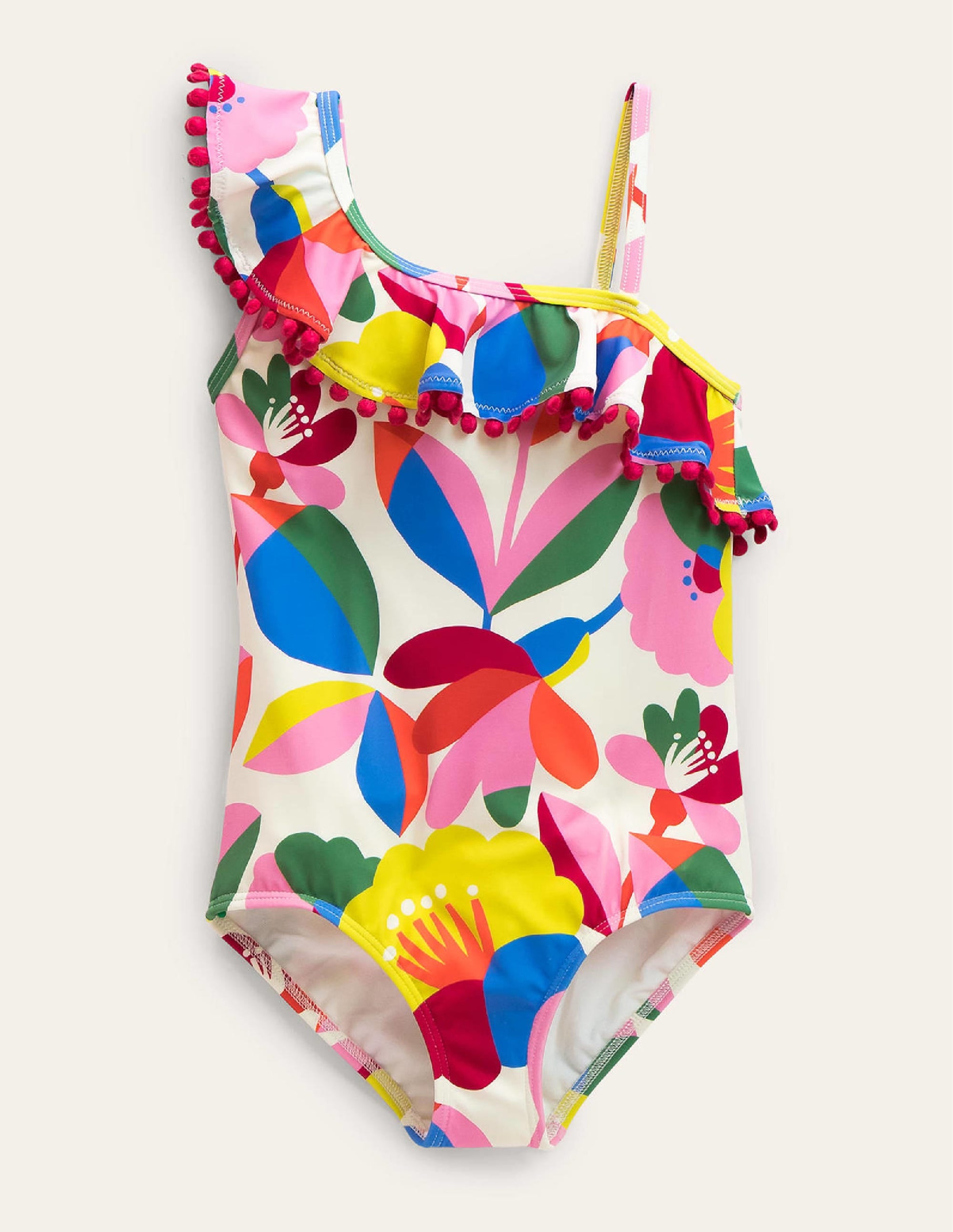 Frilly One Shoulder Swimsuit-Ivory and Multi Floral - Image 1