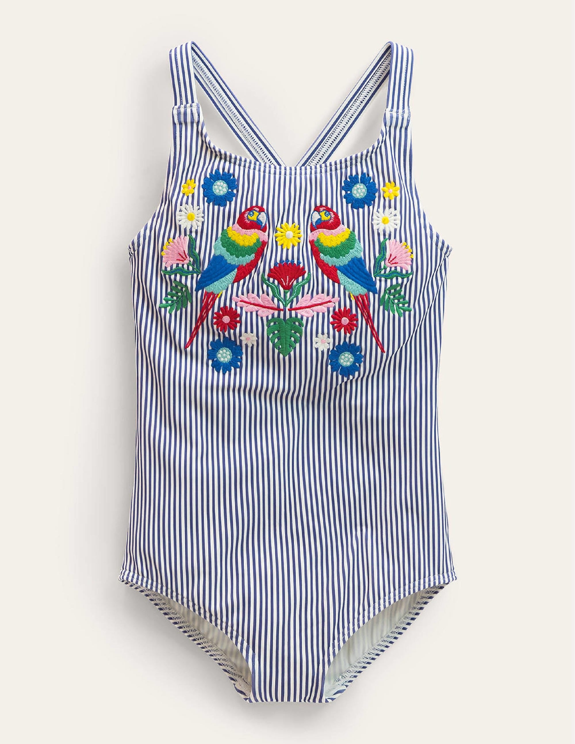 Embroidered Swimsuit-Starboard Ivory Stripe, Parrot - Image 1