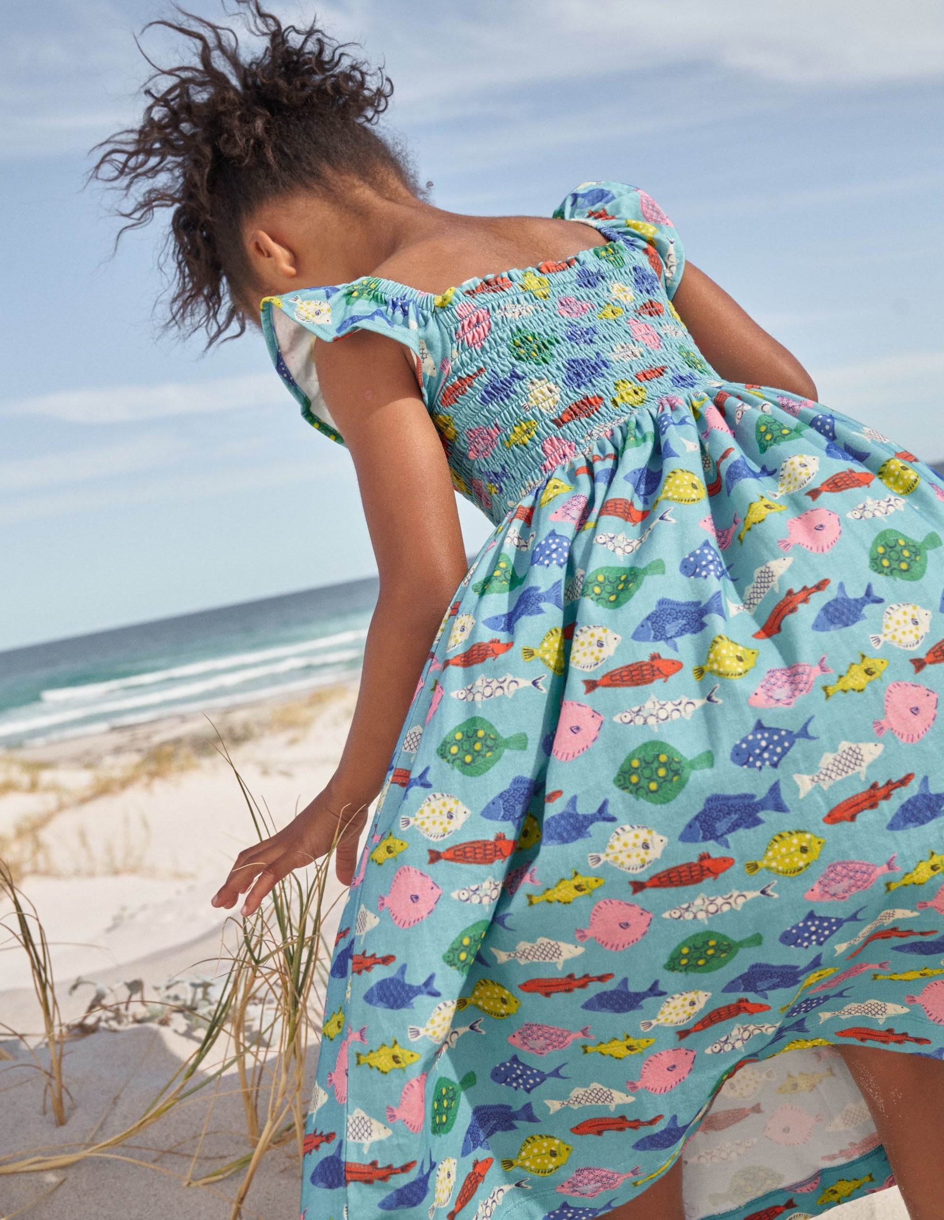 Shirred Jersey Dress-Aqua Sea Blue Fish-4
