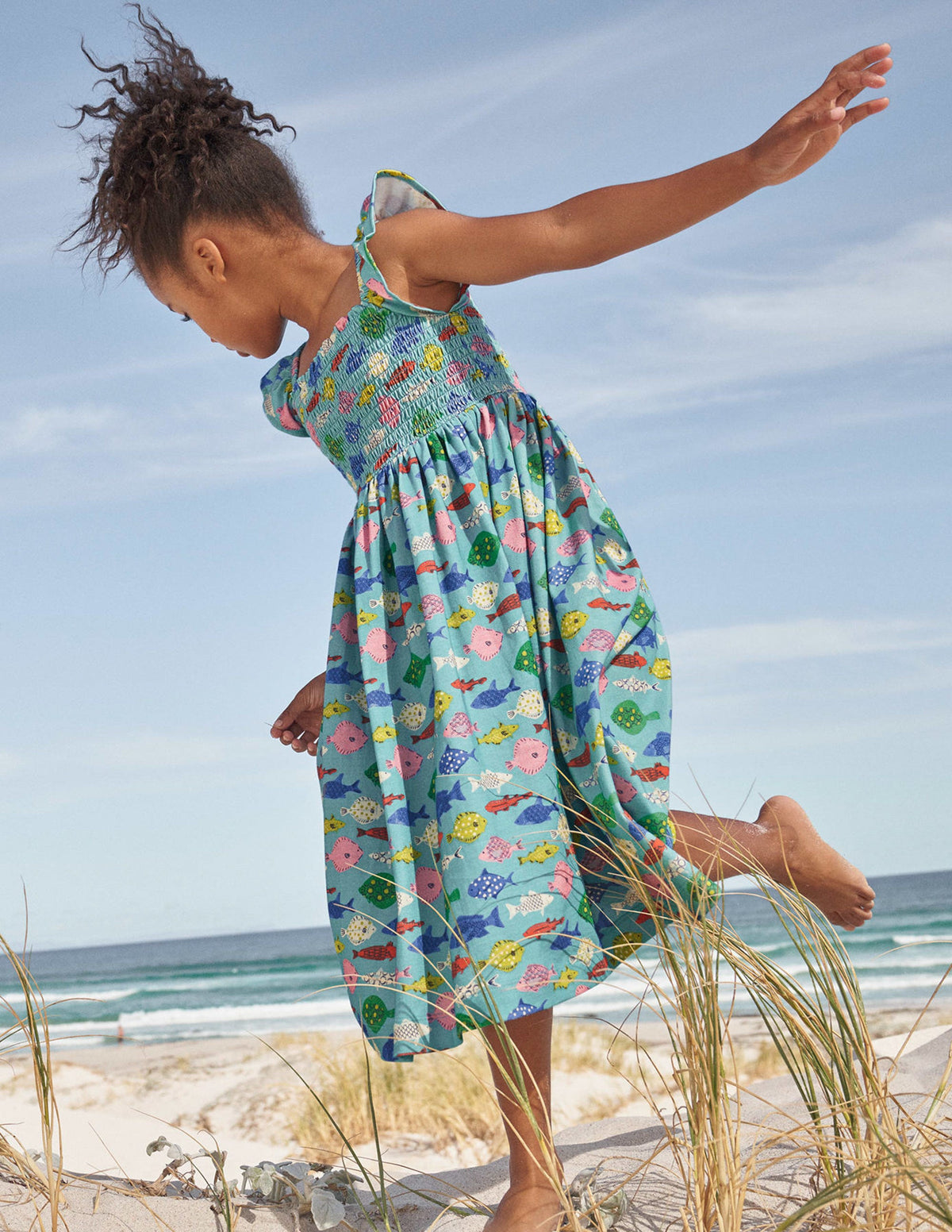 Shirred Jersey Dress-Aqua Sea Blue Fish-6