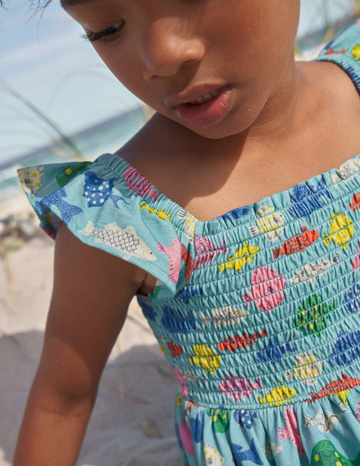 Shirred Jersey Dress-Aqua Sea Blue Fish - Image 7