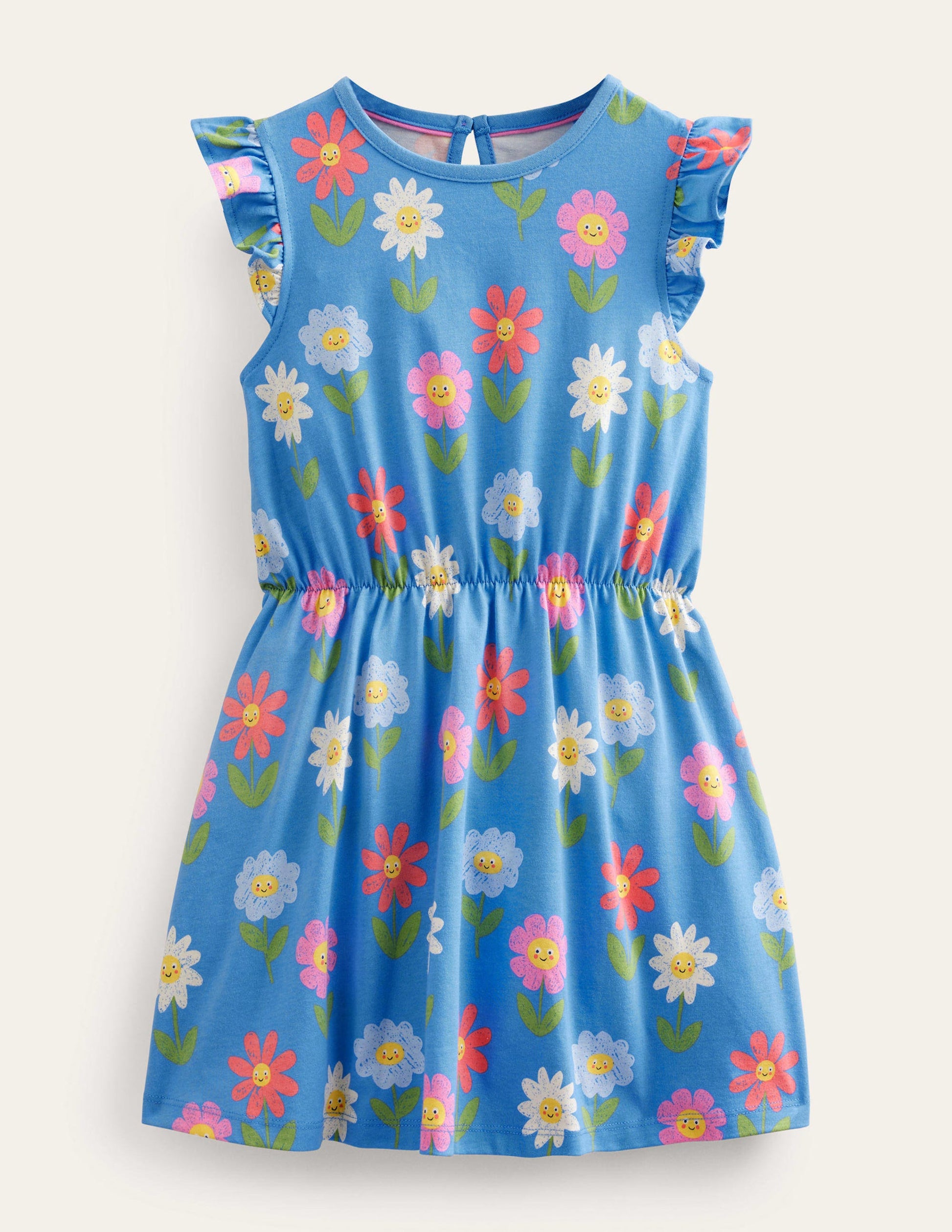 Frill Sleeve Jersey Dress-Penzance Blue Flowers-1