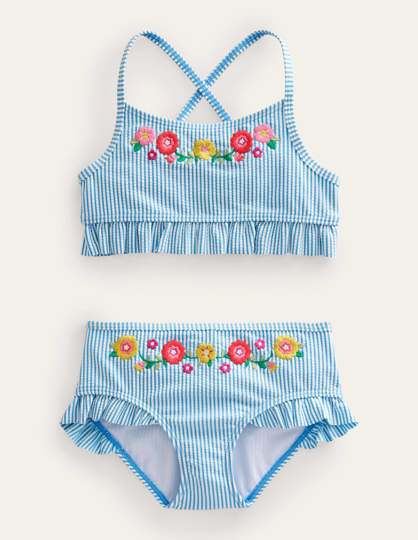 Embroidered Frilly Bikini-Ivory, Surfboard Blue Stripe