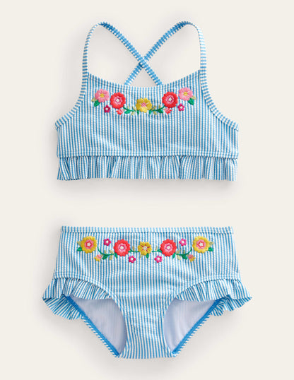 Embroidered Frilly Bikini-Ivory, Surfboard Blue Stripe-1