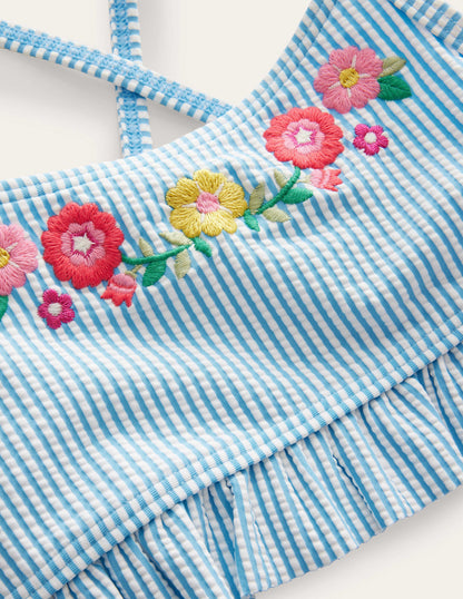 Embroidered Frilly Bikini-Ivory, Surfboard Blue Stripe-3