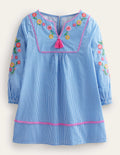 Long-sleeve Embroidered Kaftan-Ivory and Blue Stripe