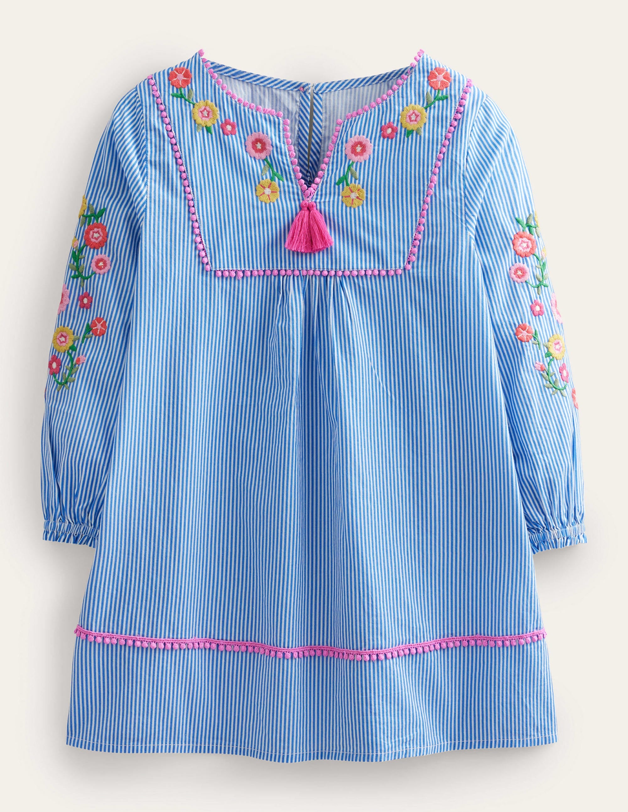 Long-sleeve Embroidered Kaftan-Ivory and Blue Stripe - Image 1