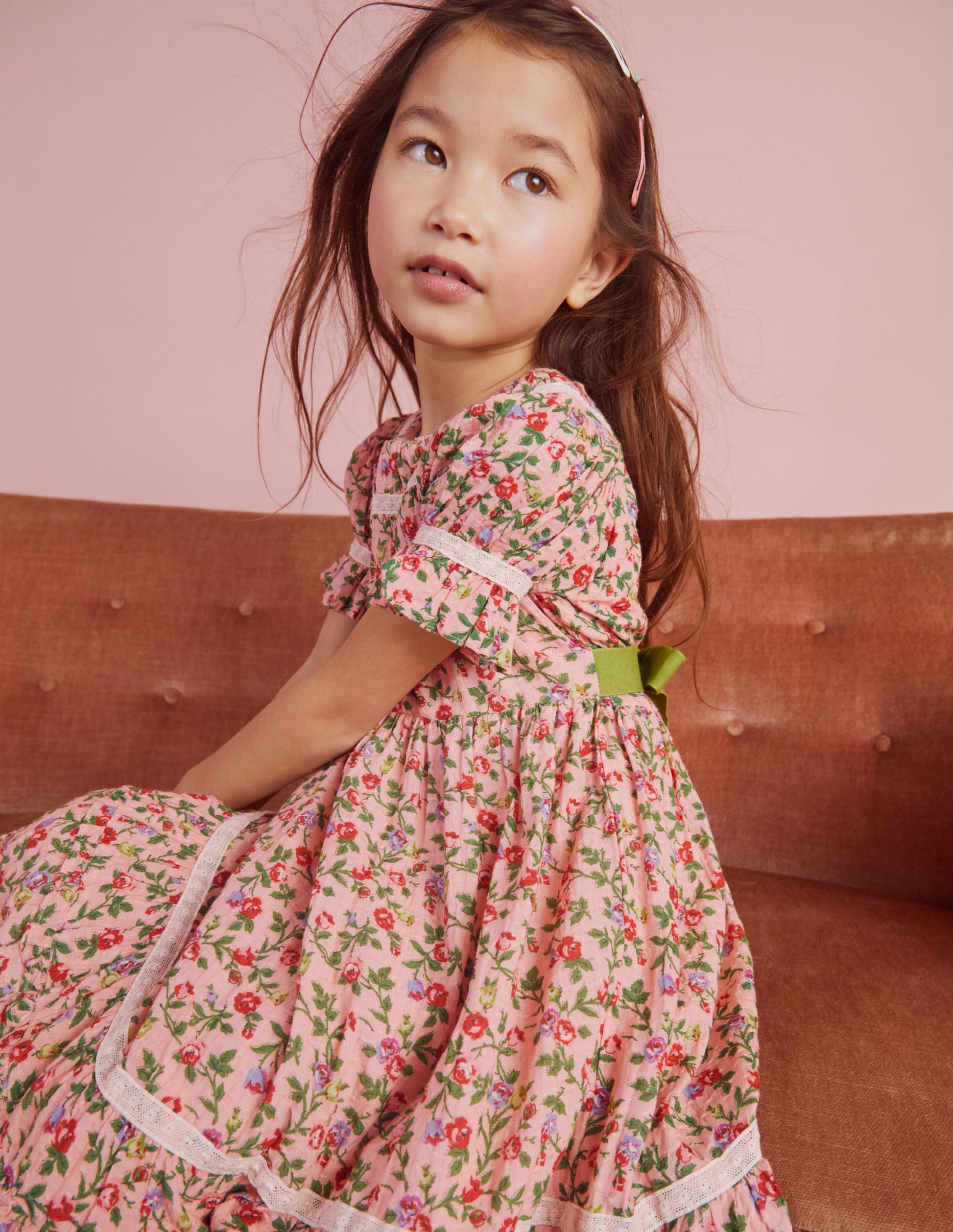 Printed Lace Trim Party Dress-Rambling Rose Pink-6