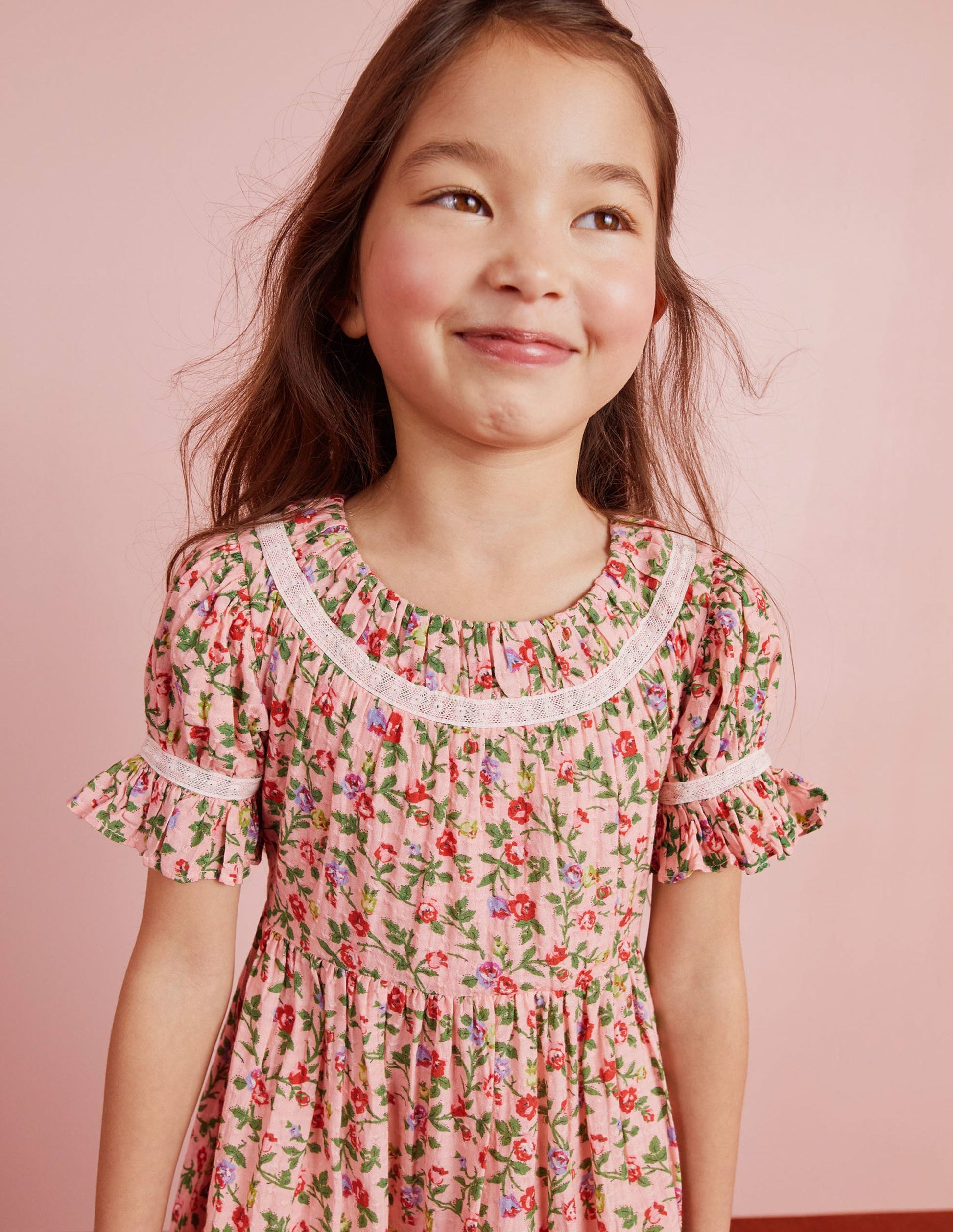 Printed Lace Trim Party Dress-Rambling Rose Pink-12