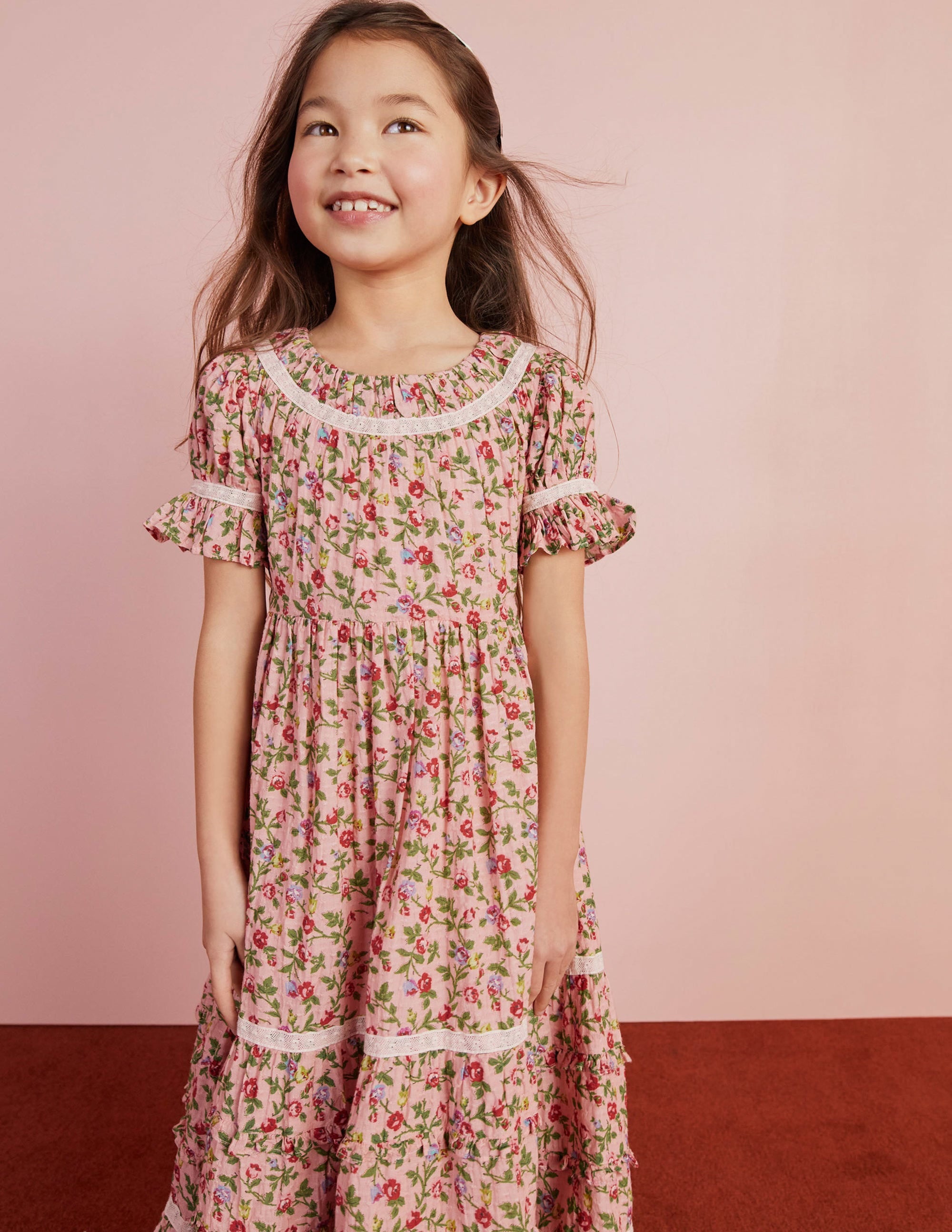 Printed Lace Trim Party Dress-Rambling Rose Pink - Image 14