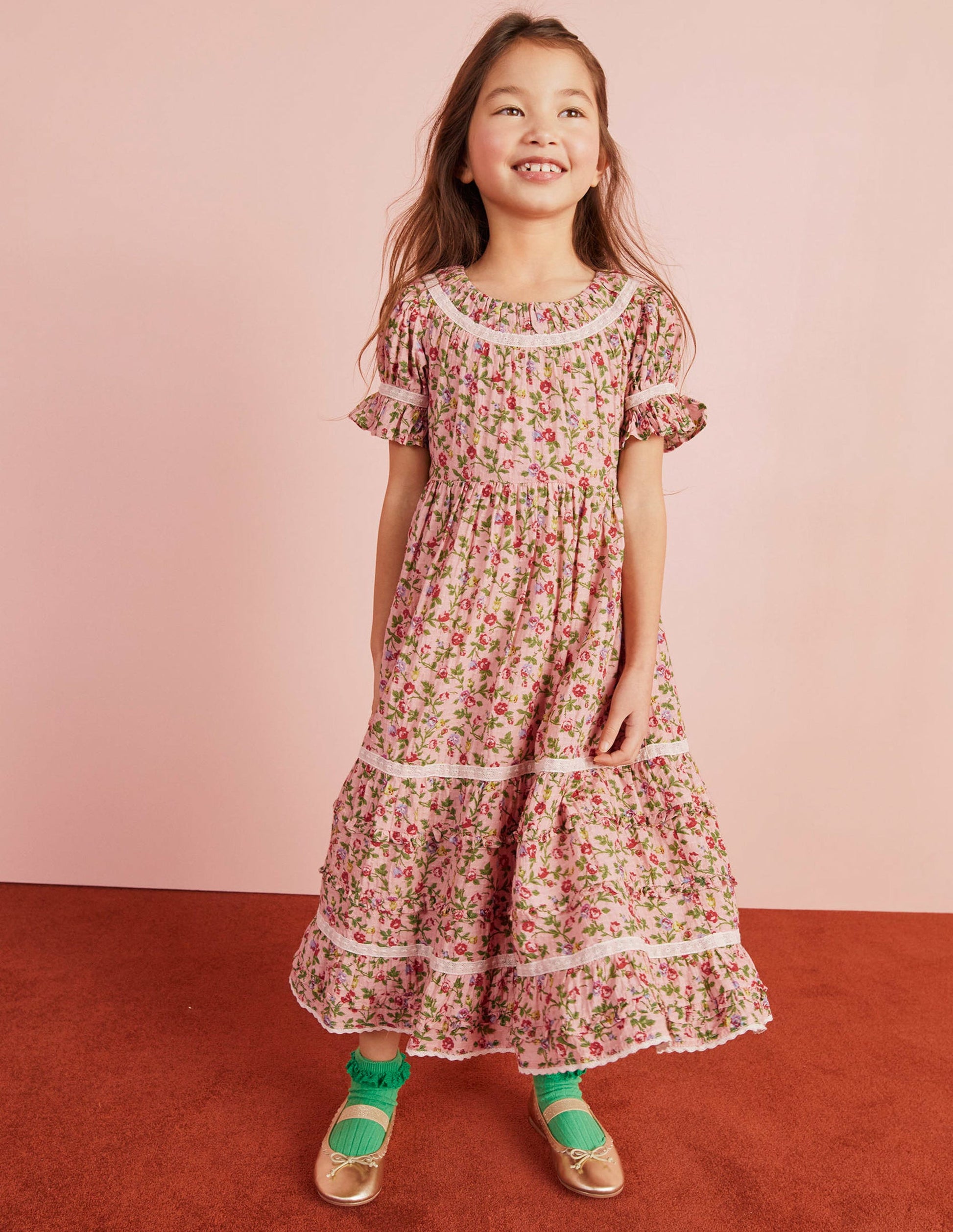 Printed Lace Trim Party Dress-Rambling Rose Pink-16