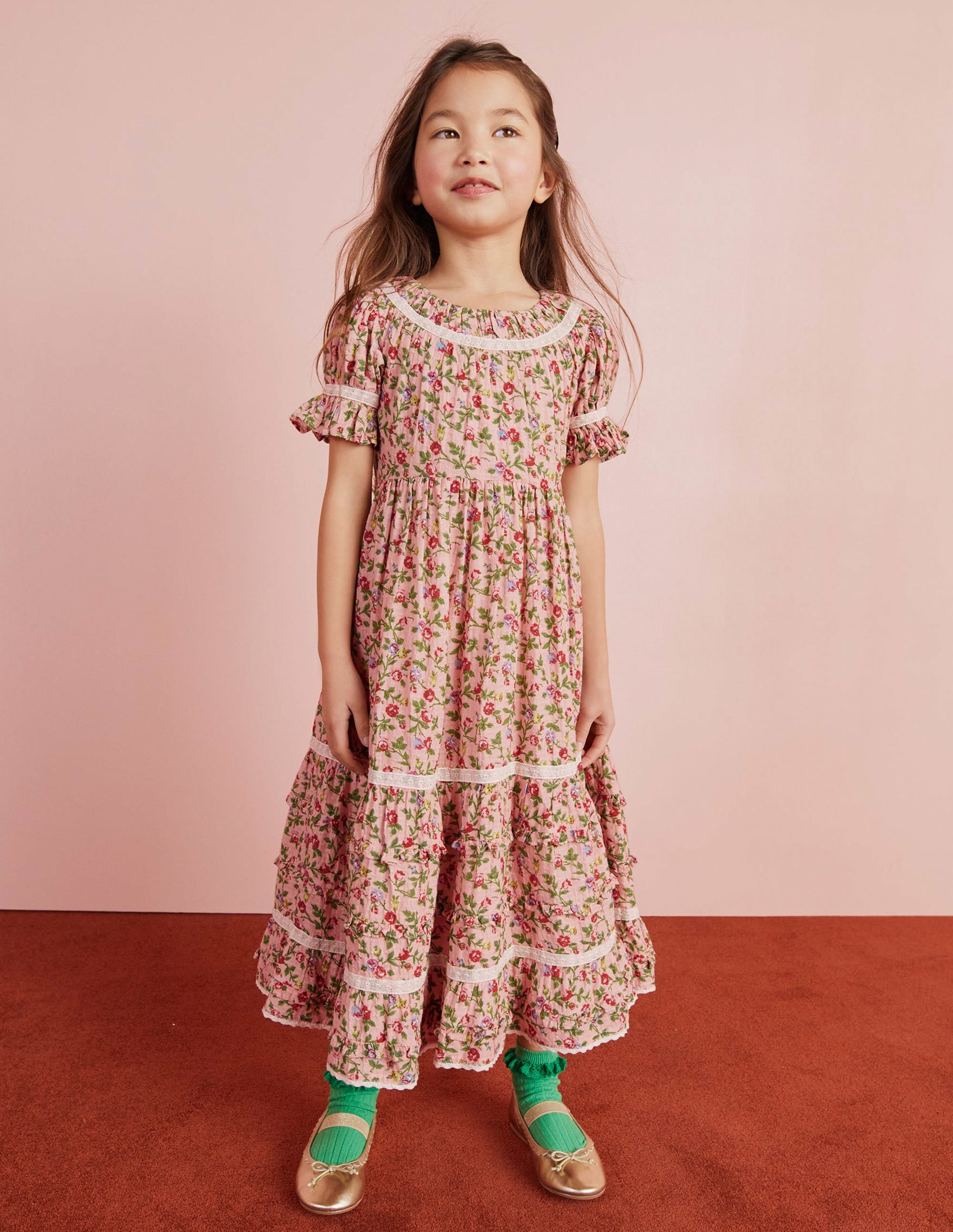 Printed Lace Trim Party Dress-Rambling Rose Pink - Image 17