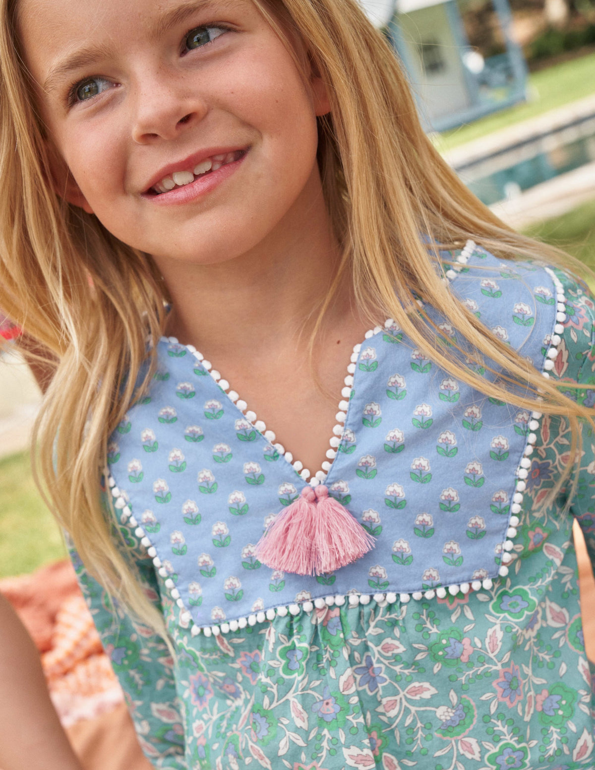 Long-sleeve Printed Kaftan-Aqua Sea Floral Vine - Image 5