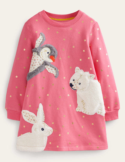 Cosy Appliqué Sweatshirt Dress-Blush Pink Arctic Animals