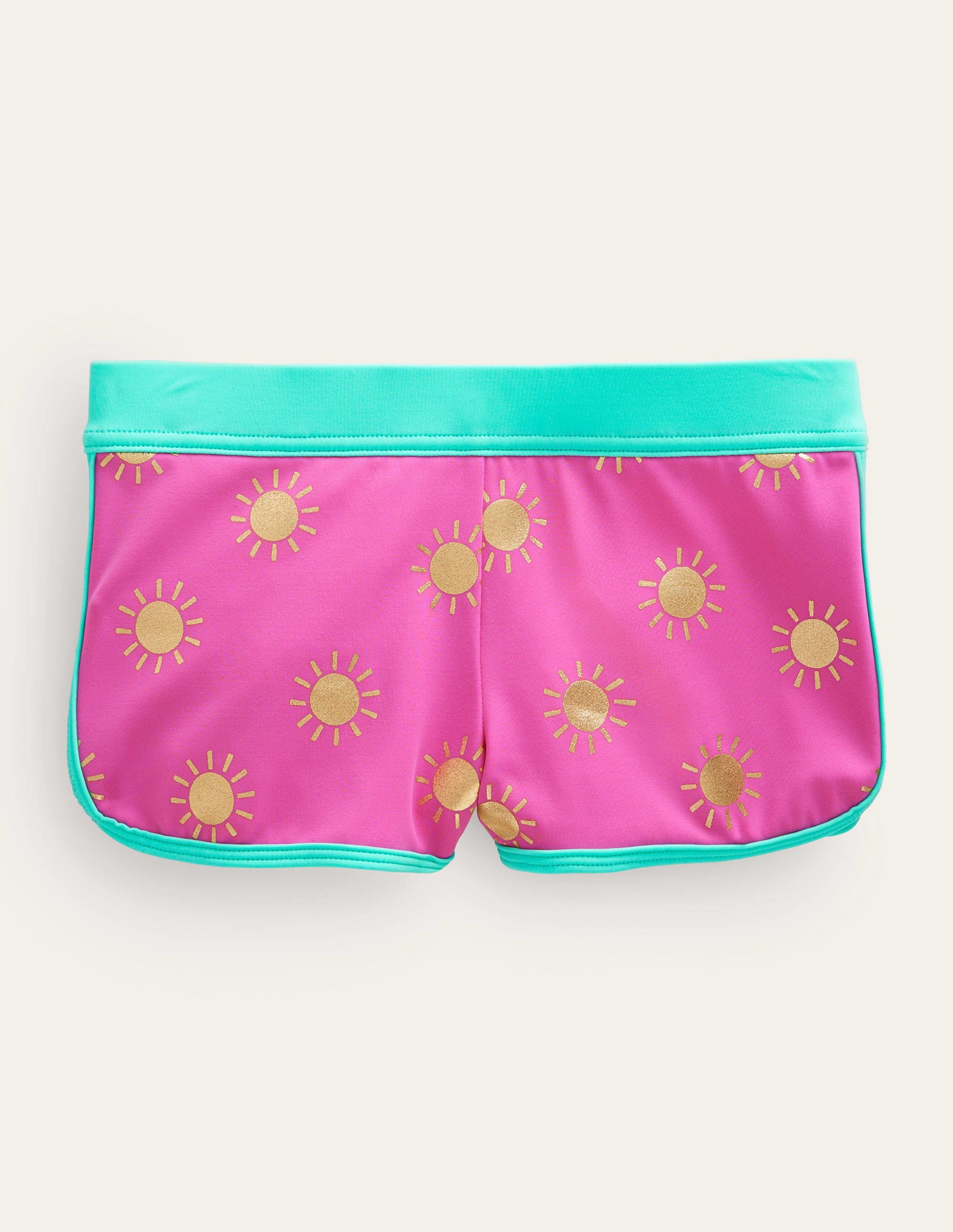 Patterned Swim Shorts-Tickled Pink Gold Foil Suns - Image 1