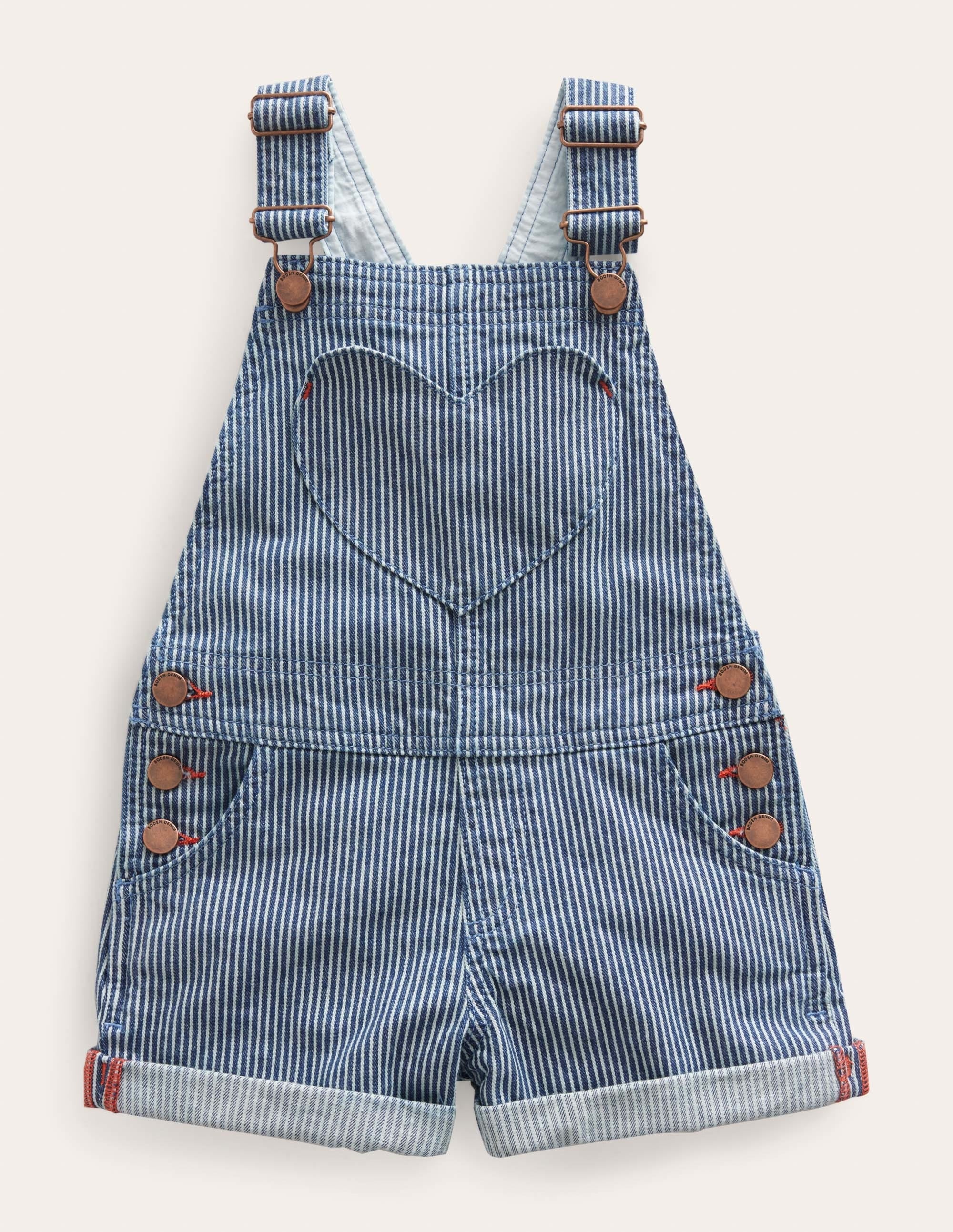 Heart Pocket Short Overalls-Indigo Ticking - Image 1