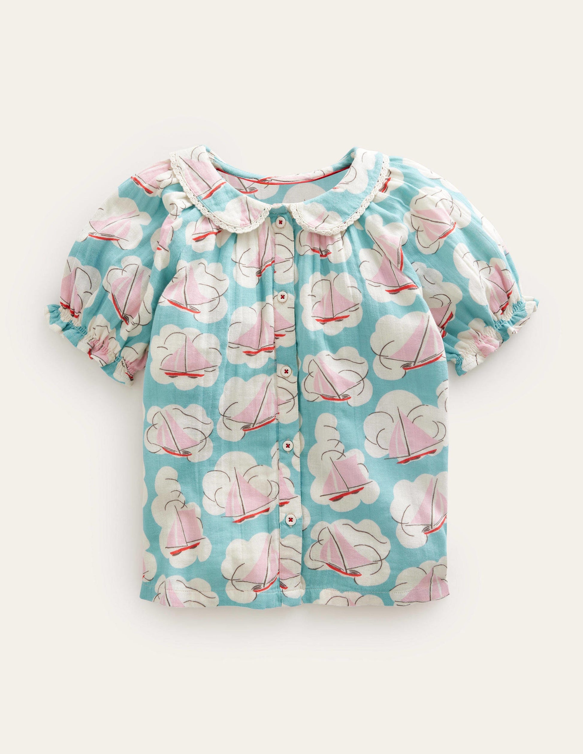 Short Puff Sleeve Top-Aqua Boat Print-1