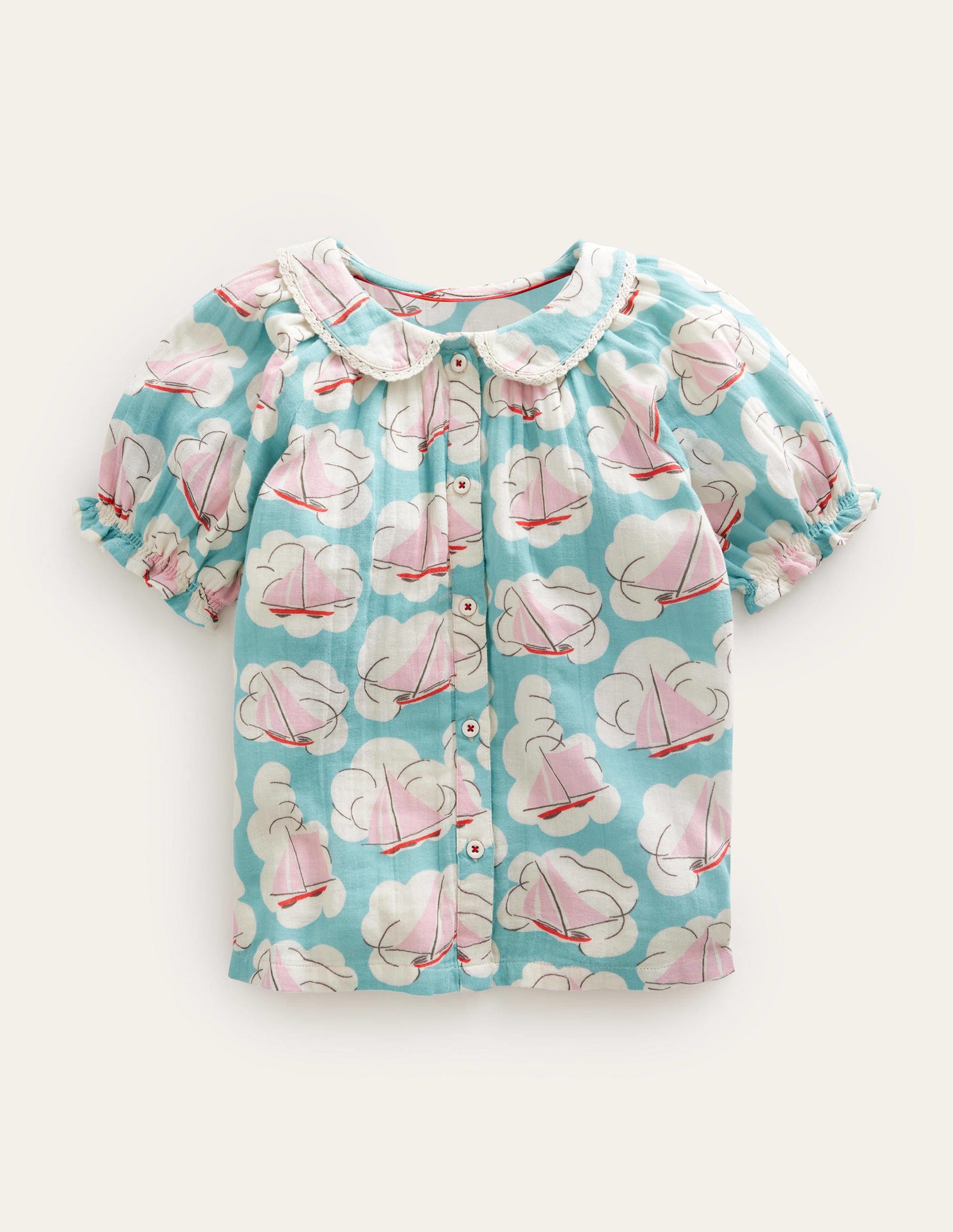 Short Puff Sleeve Top-Aqua Boat Print - Image 1