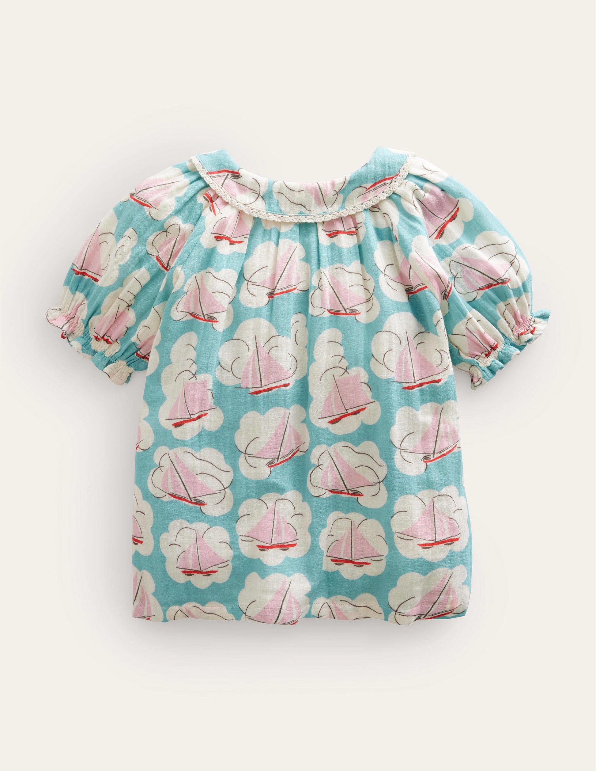 Short Puff Sleeve Top-Aqua Boat Print-2