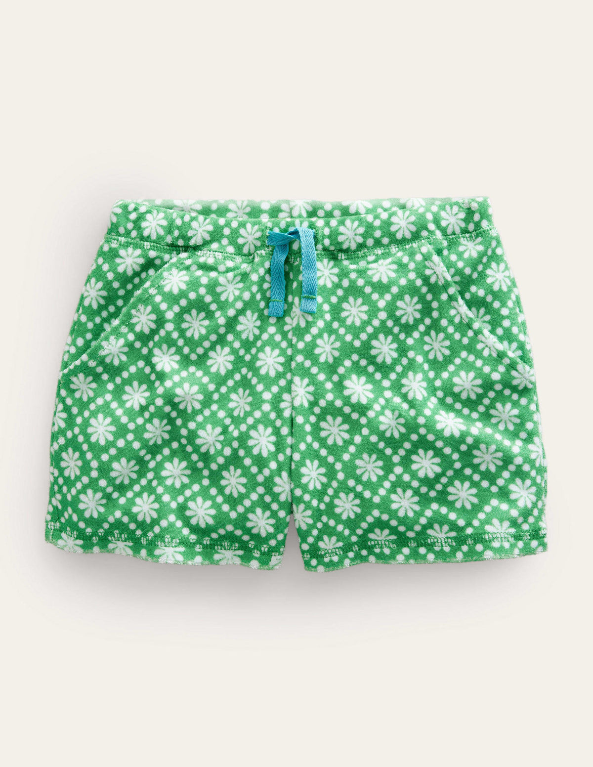 Printed Towelling Shorts-School Green Daisies-1