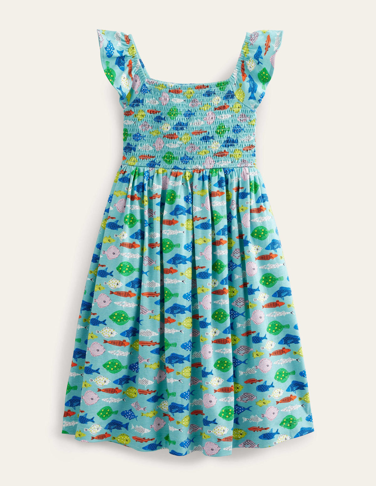 Shirred Jersey Dress-Aqua Sea Blue Fish-1