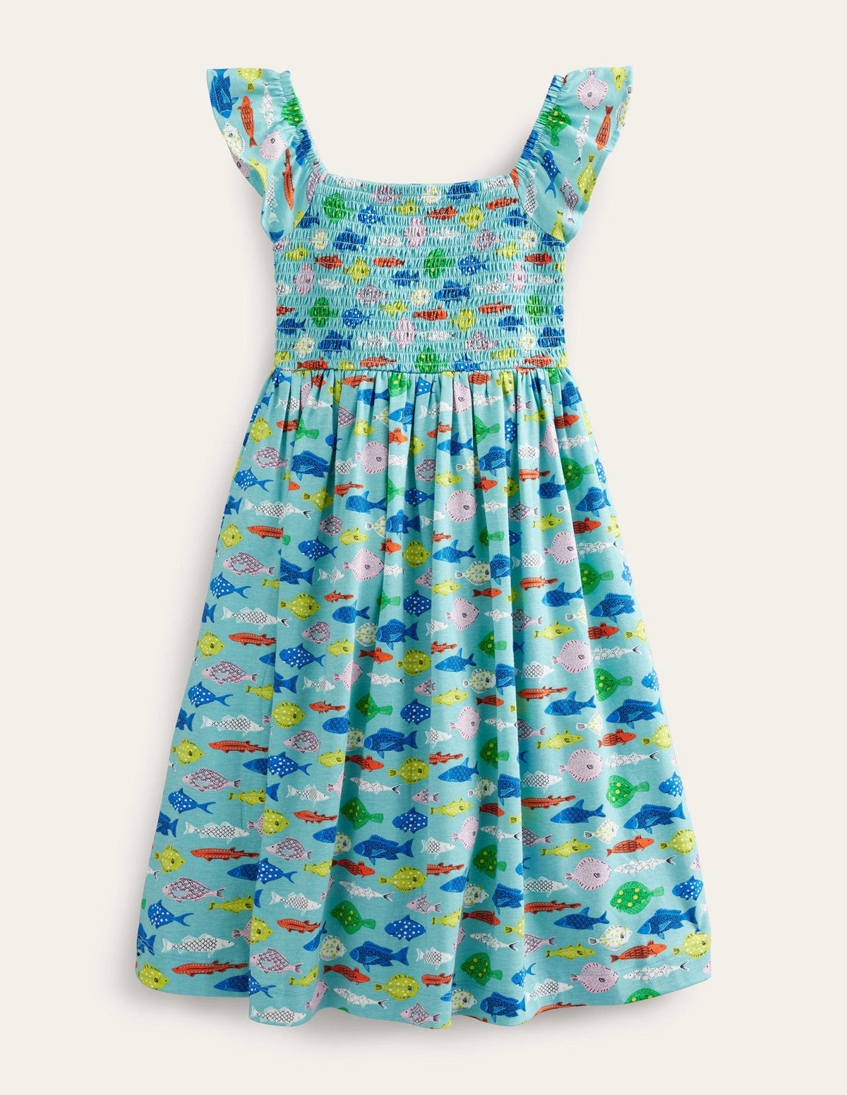 Shirred Jersey Dress-Aqua Sea Blue Fish-2