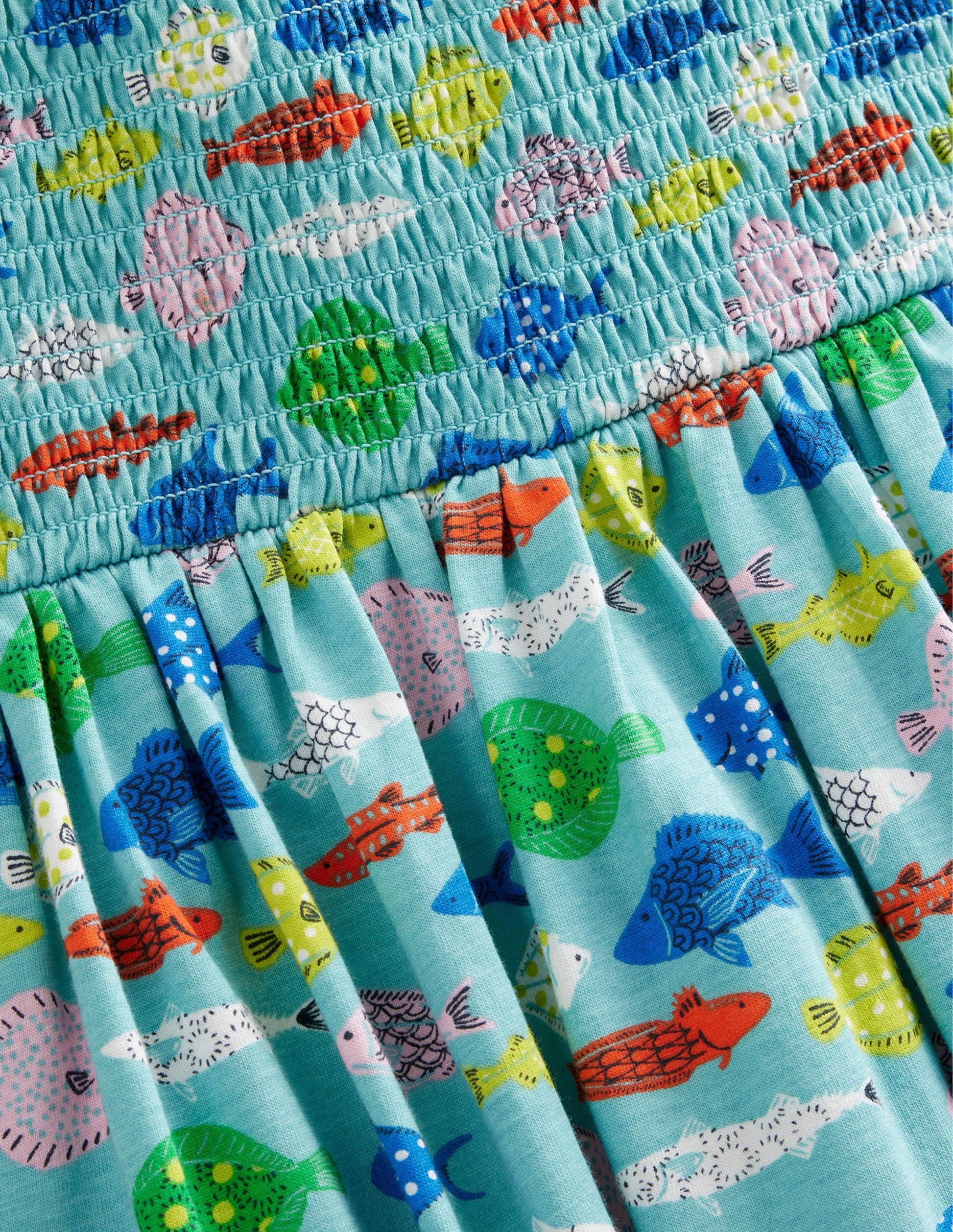 Shirred Jersey Dress-Aqua Sea Blue Fish-3