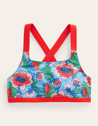 Cross Back Bikini Top-Red Poppy Spring Time Floral