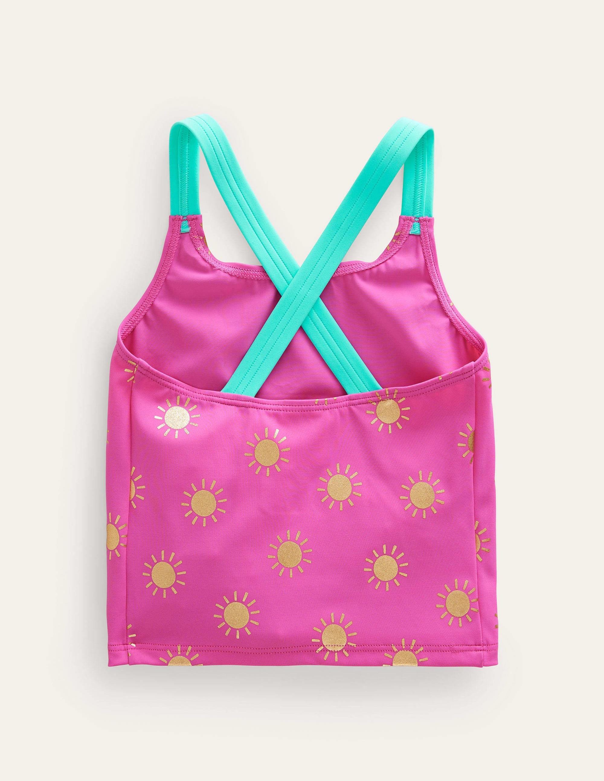 Cross Back Tankini Top-Tickled Pink Gold Foil Suns - Image 2